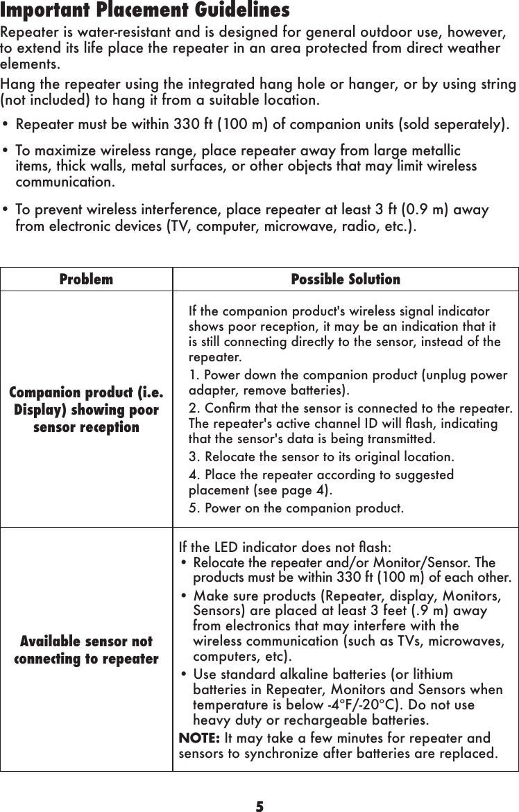 5Important Placement GuidelinesRepeater is water-resistant and is designed for general outdoor use, however, to extend its life place the repeater in an area protected from direct weather elements.Hang the repeater using the integrated hang hole or hanger, or by using string (not included) to hang it from a suitable location.• Repeater must be within 330 ft (100 m) of companion units (sold seperately).• To maximize wireless range, place repeater away from large metallic       items, thick walls, metal surfaces, or other objects that may limit wireless     communication.• To prevent wireless interference, place repeater at least 3 ft (0.9 m) away      from electronic devices (TV, computer, microwave, radio, etc.).Problem Possible SolutionCompanion product (i.e. Display) showing poor sensor receptionIf the companion product&apos;s wireless signal indicator shows poor reception, it may be an indication that it is still connecting directly to the sensor, instead of the repeater.1. Power down the companion product (unplug power adapter, remove batteries).2.Conrmthatthesensorisconnectedtotherepeater.Therepeater&apos;sactivechannelIDwillash,indicatingthat the sensor&apos;s data is being transmitted.3. Relocate the sensor to its original location.4. Place the repeater according to suggested placement (see page 4).5. Power on the companion product.Available sensor not  connecting to repeaterIftheLEDindicatordoesnotash:• Relocate the repeater and/or Monitor/Sensor. The products must be within 330 ft (100 m) of each other. • Make sure products (Repeater, display, Monitors, Sensors) are placed at least 3 feet (.9 m) away from electronics that may interfere with the wireless communication (such as TVs, microwaves, computers, etc). • Use standard alkaline batteries (or lithium batteries in Repeater, Monitors and Sensors when temperature is below -4ºF/-20ºC). Do not use heavy duty or rechargeable batteries. NOTE: It may take a few minutes for repeater and sensors to synchronize after batteries are replaced.