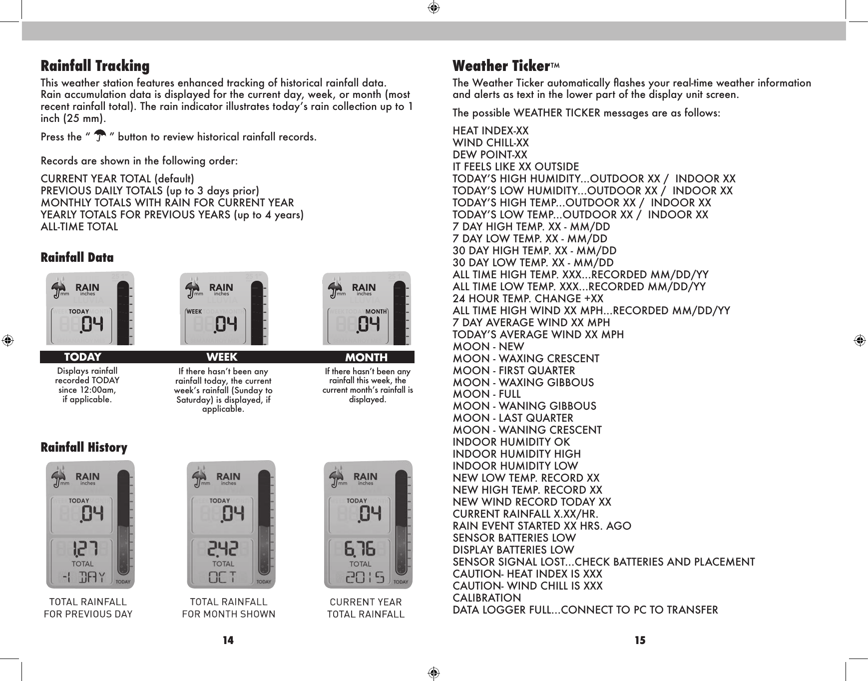 14 15Rainfall TrackingThis weather station features enhanced tracking of historical rainfall data. Rain accumulation data is displayed for the current day, week, or month (most recent rainfall total). The rain indicator illustrates today’s rain collection up to 1 inch (25 mm).Press the “   ” button to review historical rainfall records.  Records are shown in the following order:CURRENT YEAR TOTAL (default) PREVIOUS DAILY TOTALS (up to 3 days prior) MONTHLY TOTALS WITH RAIN FOR CURRENT YEAR YEARLY TOTALS FOR PREVIOUS YEARS (up to 4 years) ALL-TIME TOTALWeather Ticker™The Weather Ticker automatically ashes your real-time weather information and alerts as text in the lower part of the display unit screen. The possible WEATHER TICKER messages are as follows:HEAT INDEX-XX WIND CHILL-XX DEW POINT-XX IT FEELS LIKE XX OUTSIDE TODAY’S HIGH HUMIDITY...OUTDOOR XX /  INDOOR XX TODAY’S LOW HUMIDITY...OUTDOOR XX /  INDOOR XX TODAY’S HIGH TEMP...OUTDOOR XX /  INDOOR XX TODAY’S LOW TEMP...OUTDOOR XX /  INDOOR XX 7 DAY HIGH TEMP. XX - MM/DD 7 DAY LOW TEMP. XX - MM/DD 30 DAY HIGH TEMP. XX - MM/DD 30 DAY LOW TEMP. XX - MM/DD ALL TIME HIGH TEMP. XXX...RECORDED MM/DD/YY ALL TIME LOW TEMP. XXX...RECORDED MM/DD/YY 24 HOUR TEMP. CHANGE +XX ALL TIME HIGH WIND XX MPH...RECORDED MM/DD/YY 7 DAY AVERAGE WIND XX MPH TODAY’S AVERAGE WIND XX MPH MOON - NEW MOON - WAXING CRESCENT MOON - FIRST QUARTER MOON - WAXING GIBBOUS MOON - FULL MOON - WANING GIBBOUS MOON - LAST QUARTER MOON - WANING CRESCENT INDOOR HUMIDITY OK INDOOR HUMIDITY HIGH INDOOR HUMIDITY LOW NEW LOW TEMP. RECORD XX NEW HIGH TEMP. RECORD XX NEW WIND RECORD TODAY XX CURRENT RAINFALL X.XX/HR. RAIN EVENT STARTED XX HRS. AGO SENSOR BATTERIES LOW DISPLAY BATTERIES LOW SENSOR SIGNAL LOST...CHECK BATTERIES AND PLACEMENT CAUTION- HEAT INDEX IS XXX CAUTION- WIND CHILL IS XXX CALIBRATION DATA LOGGER FULL...CONNECT TO PC TO TRANSFER Rainfall HistoryRainfall DataDisplays rainfall recorded TODAY  since 12:00am,  if applicable.If there hasn’t been any rainfall today, the current week’s rainfall (Sunday to Saturday) is displayed, if applicable.If there hasn’t been any rainfall this week, the current month’s rainfall is displayed.TOTAL1”inchesmm25mmPLUIERAINJOURHOYTODAYLLUVIASEMANAHOYMESTOTAL1”inchesmm25mmPLUIERAINJOURHOYTODAYLLUVIASEMANAHOYMESTOTAL1”inchesmm25mmPLUIERAINJOURHOYTODAYLLUVIASEMANAHOYMESTODAY WEEK MONTH
