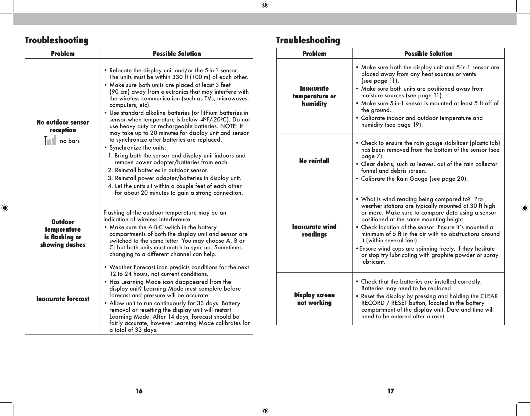 16 17Problem Possible SolutionNo outdoor sensorreceptionno bars•  Relocate the display unit and/or the 5-in-1 sensor.  The units must be within 330 ft (100 m) of each other.•  Make sure both units are placed at least 3 feet  (90 cm) away from electronics that may interfere with the wireless communication (such as TVs, microwaves, computers, etc). •  Use standard alkaline batteries (or lithium batteries in sensor when temperature is below -4ºF/-20ºC). Do not use heavy duty or rechargeable batteries. NOTE: It may take up to 20 minutes for display unit and sensor to synchronize after batteries are replaced.•  Synchronize the units:1.  Bring both the sensor and display unit indoors and remove power adapter/batteries from each.2. Reinstall batteries in outdoor sensor. 3. Reinstall power adapter/batteries in display unit.4.  Let the units sit within a couple feet of each other for about 20 minutes to gain a strong connection. Outdoor  temperatureis ashing or   showing dashesFlashing of the outdoor temperature may be an indication of wireless interference.•  Make sure the A-B-C switch in the battery compartments of both the display unit and sensor are switched to the same letter. You may choose A, B or C; but both units must match to sync up. Sometimes changing to a different channel can help.Inaccurate forecast•  Weather Forecast icon predicts conditions for the next 12 to 24 hours, not current conditions.•  Has Learning Mode icon disappeared from the display unit? Learning Mode must complete before forecast and pressure will be accurate.•  Allow unit to run continuously for 33 days. Battery removal or resetting the display unit will restart Learning Mode. After 14 days, forecast should be fairly accurate, however Learning Mode calibrates for a total of 33 days.TroubleshootingProblem Possible SolutionInaccuratetemperature or  humidity•  Make sure both the display unit and 5-in-1 sensor are placed away from any heat sources or vents  (see page 11).•  Make sure both units are positioned away from moisture sources (see page 11). •  Make sure 5-in-1 sensor is mounted at least 5 ft off of  the ground.• Calibrate indoor and outdoor temperature and humidity (see page 19). No rainfall• Check to ensure the rain gauge stabilizer (plastic tab) has been removed from the bottom of the sensor (see page 7).• Clear debris, such as leaves, out of the rain collector funnel and debris screen.• Calibrate the Rain Gauge (see page 20).Inaccurate wind readings•  What is wind reading being compared to?  Pro weather stations are typically mounted at 30 ft high or more. Make sure to compare data using a sensor positioned at the same mounting height.•  Check location of the sensor. Ensure it’s mounted a minimum of 5 ft in the air with no obstructions around it (within several feet).• Ensure wind cups are spinning freely. If they hesitate or stop try lubricating with graphite powder or spray lubricant.Display screennot working•  Check that the batteries are installed correctly. Batteries may need to be replaced.•  Reset the display by pressing and holding the CLEAR RECORD / RESET button, located in the battery compartment of the display unit. Date and time will need to be entered after a reset.Troubleshooting
