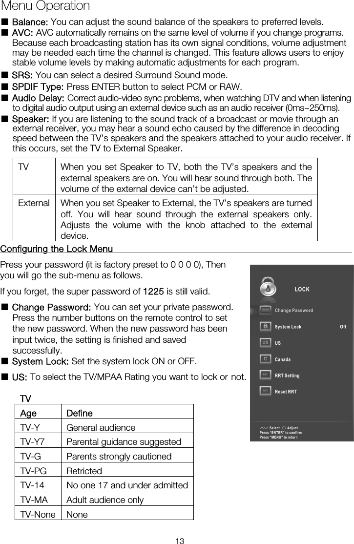 ■ Balance: You can adjust the sound balance of the speakers to preferred levels. ■ AVC: AVC automatically remains on the same level of volume if you change programs. Because each broadcasting station has its own signal conditions, volume adjustment may be needed each time the channel is changed. This feature allows users to enjoy stable volume levels by making automatic adjustments for each program. ■ SRS: You can select a desired Surround Sound mode. ■ SPDIF Type: Press ENTER button to select PCM or RAW. ■ Audio Delay: Correct audio-video sync problems, when watching DTV and when listening to digital audio output using an external device such as an audio receiver (0ms~250ms). ■ Speaker: If you are listening to the sound track of a broadcast or movie through an external receiver, you may hear a sound echo caused by the difference in decoding speed between the TV’s speakers and the speakers attached to your audio receiver. If this occurs, set the TV to External Speaker. TV  When you set Speaker to TV, both the TV’s speakers and the external speakers are on. You will hear sound through both. The volume of the external device can’t be adjusted. External  When you set Speaker to External, the TV’s speakers are turned off. You will hear sound through the external speakers only. Adjusts the volume with the knob attached to the external device.  Configuring the Lock Menu                                                     Press your password (it is factory preset to 0 0 0 0), Then you will go the sub-menu as follows.   If you forget, the super password of 1225 is still valid. ■ Change Password: You can set your private password. Press the number buttons on the remote control to set the new password. When the new password has been input twice, the setting is finished and saved successfully.   ■ System Lock: Set the system lock ON or OFF. ■ US: To select the TV/MPAA Rating you want to lock or Menu Operationnot.TV Age Define TV-Y General audience TV-Y7  Parental guidance suggested TV-G  Parents strongly cautioned TV-PG Retricted TV-14  No one 17 and under admittedTV-MA Adult audience only TV-None None 13