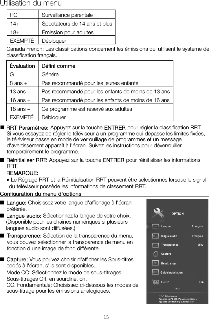 PG Surveillance parentale 14+  Spectateurs de 14 ans et plus18+ Émission pour adultes EXEMPTÉ Débloquer Canada French: Les classifications concernent les émissions qui utilisent le système de classification français. Évaluation Défini comme G Général 8 ans +  Pas recommandé pour les jeunes enfants 13 ans +  Pas recommandé pour les enfants de moins de 13 ans16 ans +  Pas recommandé pour les enfants de moins de 16 ans18 ans +  Ce programme est réservé aux adultes EXEMPTÉ Débloquer ■RRT Paramétres: Appuyez sur la touche ENTRER pour régler la classification RRT. Si vous essayez de régler le téléviseur à un programme qui dépasse les limites fixées, le téléviseur passe en mode de verrouillage de programmes et un message d&apos;avertissement apparaît à l&apos;écran. Suivez les instructions pour déverrouiller temporairement le programme. ■Réinitialiser RRT: Appuyez sur la touche ENTRER pour réinitialiser les informations RRT. REMARQUE: • Le Réglage RRT et la Réinitialisation RRT peuvent être sélectionnés lorsque le signal du téléviseur possède les informations de classement RRT. Configuration du menu d&apos;options                                                     ■ Langue: Choisissez votre langue d&apos;affichage à l&apos;écran préférée.  ■ Langue audio: Sélectionnez la langue de votre choix. (Disponible pour les chaînes numériques si plusieurs langues audio sont diffusées.) ■ Transparence: Sélection de la transparence du menu, vous pouvez sélectionner la transparence de menu en fonction d&apos;une image de fond différente. ■Capture: Vous pouvez choisir d&apos;afficher les Sous-titres codés à l&apos;écran, s&apos;ils sont disponibles. Mode  CC:  Sélectionnez  le  mode  de  sous-titrages:  Sous-titrages Off, en sourdine, on. CC. Fondamentale: Choisissez ci-dessous les modes de sous-titrage pour les émissions analogiques. Utilisation du menu 15