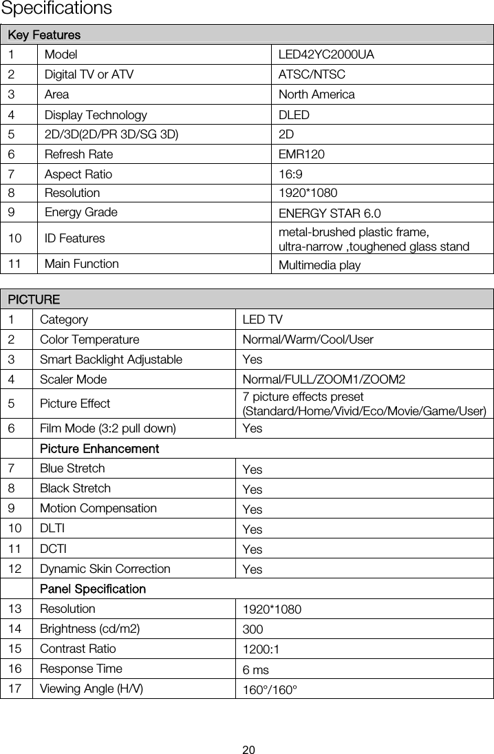 Specifications   20 Key Features 1 Model 2  Digital TV or ATV  ATSC/NTSC 3 Area  North America 4 Display Technology  DLED 5  2D/3D(2D/PR 3D/SG 3D)  2D EMR120 16:9 ENERGY STAR 6.0 ultra-narrow ,toughened glass stand Multimedia play  PICTURE 1 Category  LED TV 2 Color Temperature  Normal/Warm/Cool/User 3  Smart Backlight Adjustable  Yes 4 Scaler Mode  Normal/FULL/ZOOM1/ZOOM2 5 Picture Effect  (Standard/Home/Vivid/Eco/Movie/Game/User) 6  Film Mode (3:2 pull down)  Yes  Picture Enhancement 7 Blue Stretch  Yes 8 Black Stretch  Yes 9 Motion Compensation  Yes 10 DLTI  Yes 11 DCTI  Yes 12 Dynamic Skin Correction  Yes  Panel Specification 13 Resolution 14 Brightness (cd/m2) 15 Contrast Ratio 16 Response Time 17  Viewing Angle (H/V) 7 picture effects preset 6 Refresh Rate 7 Aspect Ratio 8 Resolution 10 ID Features 11 Main Function 9  Energy Grade metal-brushed plastic frame, 1920*1080 1920*1080 LED42YC2000UA 300 1200:1 6 ms 160°/160° 