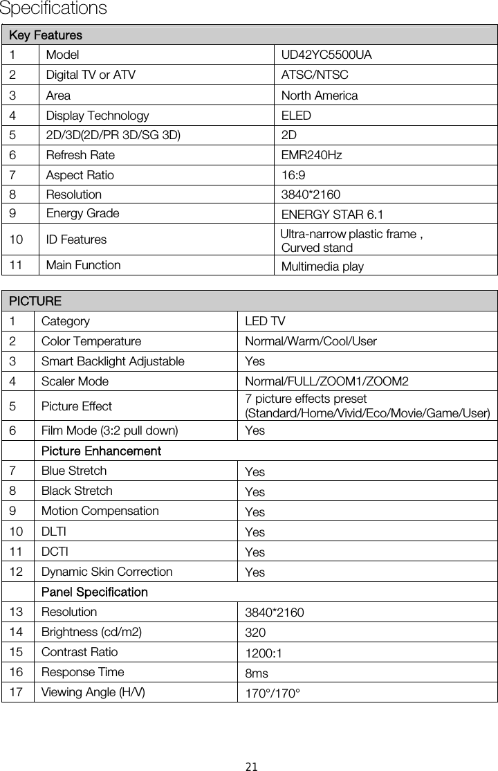  SpecificationsKey Features 1 Model 2  Digital TV or ATV  ATSC/NTSC 3 Area  North America 4 Display Technology 5  2D/3D(2D/PR 3D/SG 3D)  2D EMR240Hz 16:9 ENERGY STAR 6.1  Ultra-narrow plastic frame ,Curved stand Multimedia play  PICTURE 1 Category  LED TV 2 Color Temperature  Normal/Warm/Cool/User 3  Smart Backlight Adjustable  Yes 4 Scaler Mode  Normal/FULL/ZOOM1/ZOOM2 5 Picture Effect  (Standard/Home/Vivid/Eco/Movie/Game/User) 6  Film Mode (3:2 pull down)  Yes  Picture Enhancement 7 Blue Stretch  Yes 8 Black Stretch  Yes 9 Motion Compensation  Yes 10 DLTI  Yes 11 DCTI  Yes 12 Dynamic Skin Correction  Yes  Panel Specification 13 Resolution 14 Brightness (cd/m2)  320 15 Contrast Ratio 16 Response Time 17  Viewing Angle (H/V) 7 picture effects preset 6 Refresh Rate 7 Aspect Ratio 8 Resolution 10 ID Features 11 Main Function 9  Energy Grade UD42YC5500UA ELED 3840*2160 3840*2160 170°/170° 8ms 1200:1 21