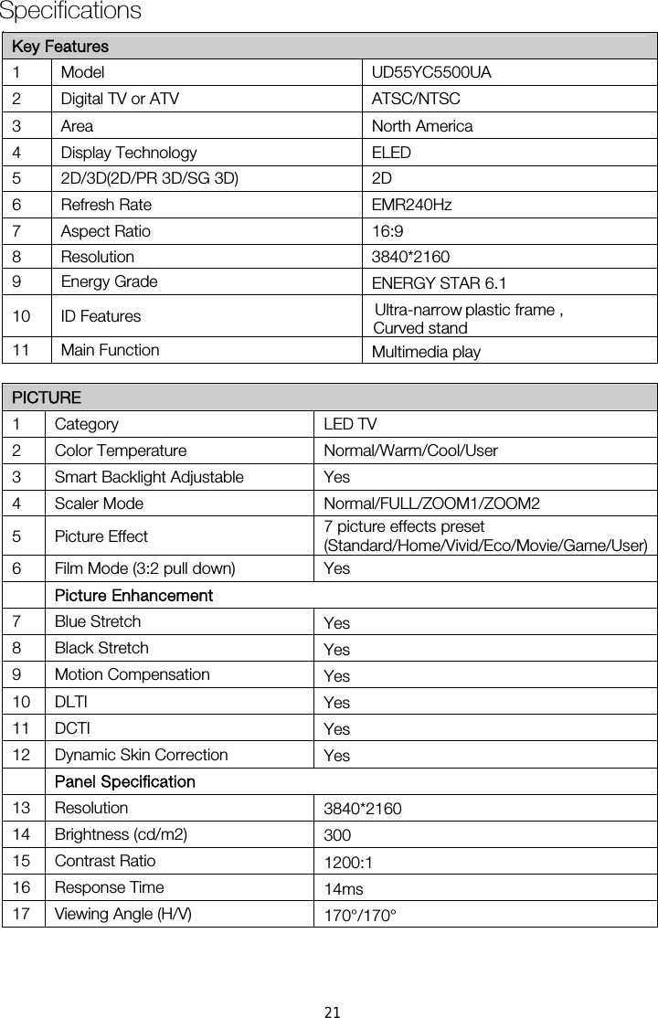  SpecificationsKey Features 1 Model 2  Digital TV or ATV  ATSC/NTSC 3 Area  North America 4 Display Technology 5  2D/3D(2D/PR 3D/SG 3D)  2D EMR240Hz 16:9 ENERGY STAR 6.1Multimedia play  PICTURE 1 Category  LED TV 2 Color Temperature  Normal/Warm/Cool/User 3  Smart Backlight Adjustable  Yes 4 Scaler Mode  Normal/FULL/ZOOM1/ZOOM2 5 Picture Effect  (Standard/Home/Vivid/Eco/Movie/Game/User) 6  Film Mode (3:2 pull down)  Yes  Picture Enhancement 7 Blue Stretch  Yes 8 Black Stretch  Yes 9 Motion Compensation  Yes 10 DLTI  Yes 11 DCTI  Yes 12 Dynamic Skin Correction  Yes  Panel Specification 13 Resolution 14 Brightness (cd/m2)  300 15 Contrast Ratio 16 Response Time 17  Viewing Angle (H/V) 7 picture effects preset 6 Refresh Rate 7 Aspect Ratio 8 Resolution 10 ID Features 11 Main Function 9  Energy Grade UD55YC5500UA ELED 3840*2160 3840*2160 1200:1 14ms 170&deg;/170&deg;   Ultra-narrow plastic frame ,Curved stand 21