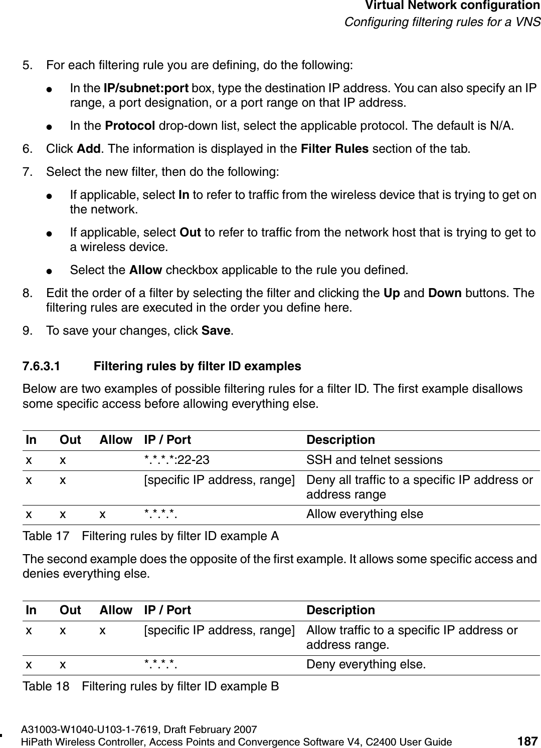 hwc_vnsconfiguration.fmA31003-W1040-U103-1-7619, Draft February 2007HiPath Wireless Controller, Access Points and Convergence Software V4, C2400 User Guide 187        Virtual Network configurationConfiguring filtering rules for a VNS5. For each filtering rule you are defining, do the following:●In the IP/subnet:port box, type the destination IP address. You can also specify an IP range, a port designation, or a port range on that IP address.●In the Protocol drop-down list, select the applicable protocol. The default is N/A.6. Click Add. The information is displayed in the Filter Rules section of the tab.7. Select the new filter, then do the following:●If applicable, select In to refer to traffic from the wireless device that is trying to get on the network.●If applicable, select Out to refer to traffic from the network host that is trying to get to a wireless device. ●Select the Allow checkbox applicable to the rule you defined.8. Edit the order of a filter by selecting the filter and clicking the Up and Down buttons. The filtering rules are executed in the order you define here.9. To save your changes, click Save.7.6.3.1 Filtering rules by filter ID examplesBelow are two examples of possible filtering rules for a filter ID. The first example disallows some specific access before allowing everything else.The second example does the opposite of the first example. It allows some specific access and denies everything else. In Out Allow IP / Port Descriptionx x *.*.*.*:22-23 SSH and telnet sessionsx x [specific IP address, range] Deny all traffic to a specific IP address or address rangex x x *.*.*.*. Allow everything elseTable 17 Filtering rules by filter ID example AIn Out Allow IP / Port Descriptionx x x [specific IP address, range] Allow traffic to a specific IP address or address range.x x *.*.*.*. Deny everything else.Table 18 Filtering rules by filter ID example B