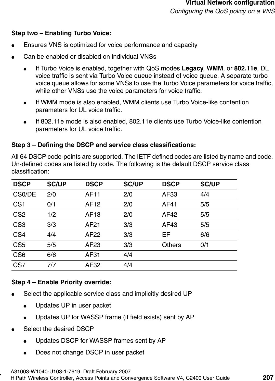 hwc_vnsconfiguration.fmA31003-W1040-U103-1-7619, Draft February 2007HiPath Wireless Controller, Access Points and Convergence Software V4, C2400 User Guide 207        Virtual Network configurationConfiguring the QoS policy on a VNSStep two &ndash; Enabling Turbo Voice:●Ensures VNS is optimized for voice performance and capacity●Can be enabled or disabled on individual VNSs●If Turbo Voice is enabled, together with QoS modes Legacy, WMM, or 802.11e, DL voice traffic is sent via Turbo Voice queue instead of voice queue. A separate turbo voice queue allows for some VNSs to use the Turbo Voice parameters for voice traffic, while other VNSs use the voice parameters for voice traffic.●If WMM mode is also enabled, WMM clients use Turbo Voice-like contention parameters for UL voice traffic.●If 802.11e mode is also enabled, 802.11e clients use Turbo Voice-like contention parameters for UL voice traffic.Step 3 &ndash; Defining the DSCP and service class classifications:All 64 DSCP code-points are supported. The IETF defined codes are listed by name and code. Un-defined codes are listed by code. The following is the default DSCP service class classification:Step 4 &ndash; Enable Priority override:●Select the applicable service class and implicitly desired UP●Updates UP in user packet●Updates UP for WASSP frame (if field exists) sent by AP●Select the desired DSCP●Updates DSCP for WASSP frames sent by AP●Does not change DSCP in user packetDSCP SC/UP DSCP SC/UP DSCP SC/UPCS0/DE 2/0 AF11 2/0 AF33 4/4CS1 0/1 AF12 2/0 AF41 5/5CS2 1/2 AF13 2/0 AF42 5/5CS3 3/3 AF21 3/3 AF43 5/5CS4 4/4 AF22 3/3 EF 6/6CS5 5/5 AF23 3/3 Others 0/1CS6 6/6 AF31 4/4CS7 7/7 AF32 4/4