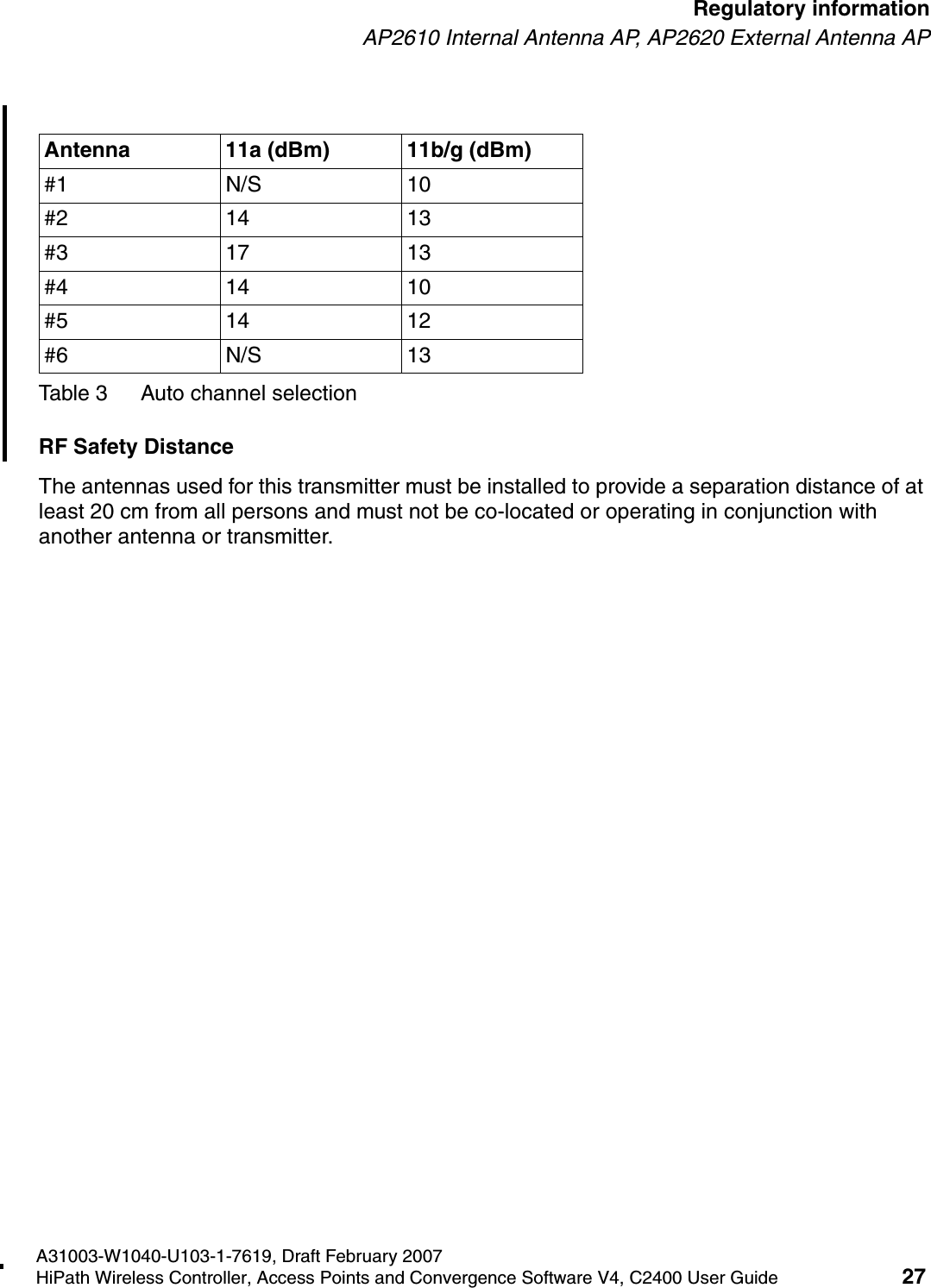 hwc_regulatory_information.fmA31003-W1040-U103-1-7619, Draft February 2007HiPath Wireless Controller, Access Points and Convergence Software V4, C2400 User Guide 27        Regulatory informationAP2610 Internal Antenna AP, AP2620 External Antenna APRF Safety DistanceThe antennas used for this transmitter must be installed to provide a separation distance of at least 20 cm from all persons and must not be co-located or operating in conjunction with another antenna or transmitter.Antenna 11a (dBm) 11b/g (dBm)#1 N/S 10#2 14 13#3 17 13#4 14 10#5 14 12#6 N/S 13Table 3 Auto channel selection