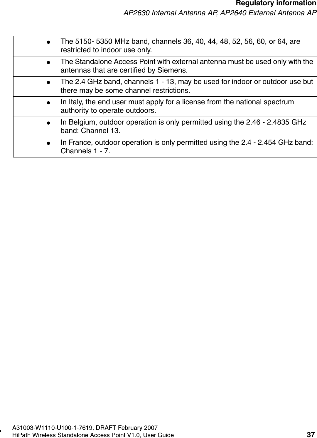 HSAAP_Regulatory.fmA31003-W1110-U100-1-7619, DRAFT February 2007HiPath Wireless Standalone Access Point V1.0, User Guide 37        Regulatory informationAP2630 Internal Antenna AP, AP2640 External Antenna AP●The 5150- 5350 MHz band, channels 36, 40, 44, 48, 52, 56, 60, or 64, are restricted to indoor use only.●The Standalone Access Point with external antenna must be used only with the antennas that are certified by Siemens.●The 2.4 GHz band, channels 1 - 13, may be used for indoor or outdoor use but there may be some channel restrictions.●In Italy, the end user must apply for a license from the national spectrum authority to operate outdoors.●In Belgium, outdoor operation is only permitted using the 2.46 - 2.4835 GHz band: Channel 13.●In France, outdoor operation is only permitted using the 2.4 - 2.454 GHz band: Channels 1 - 7.