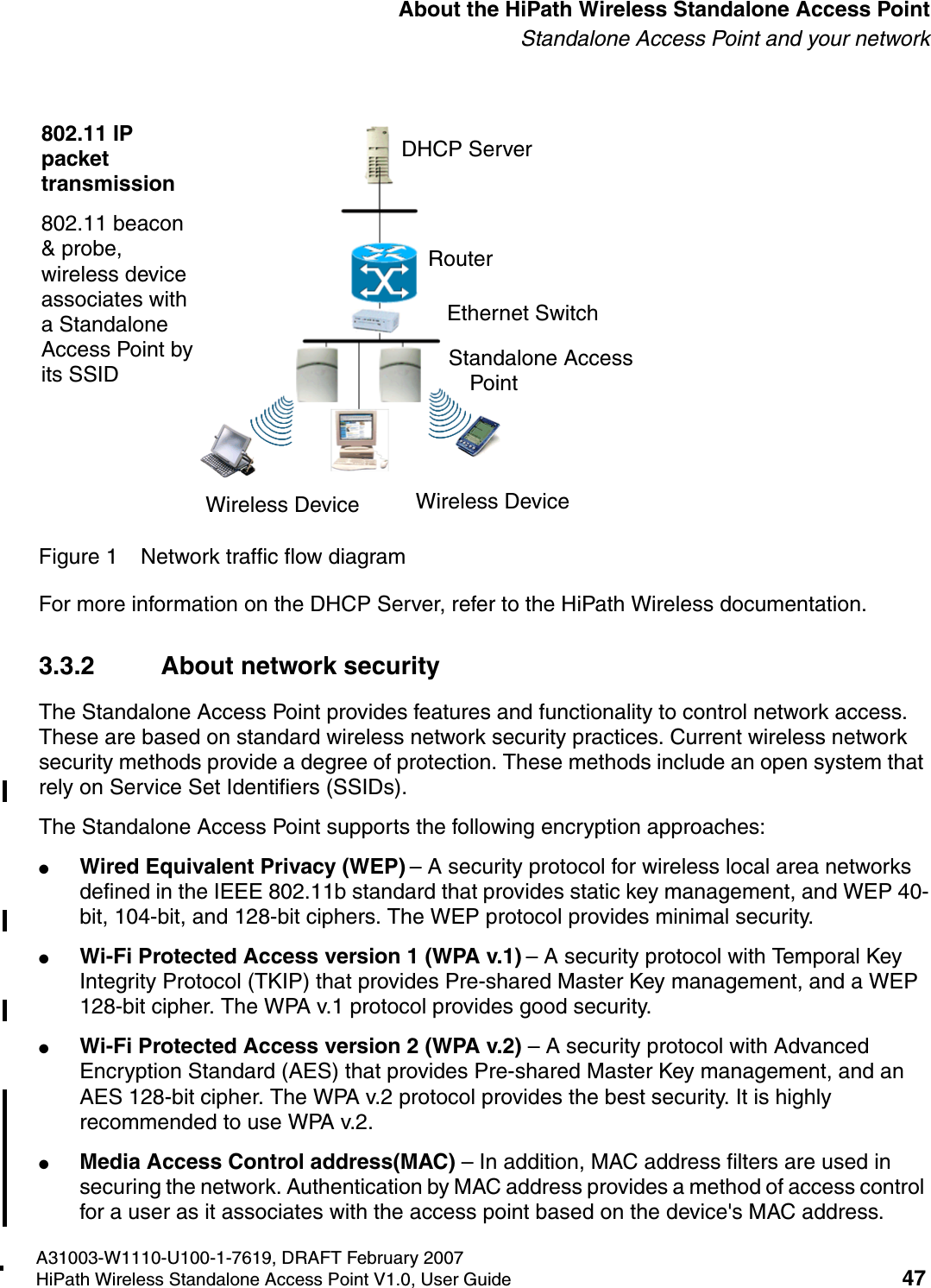 HSAAP_Intro.fmA31003-W1110-U100-1-7619, DRAFT February 2007HiPath Wireless Standalone Access Point V1.0, User Guide 47          About the HiPath Wireless Standalone Access PointStandalone Access Point and your networkFigure 1 Network traffic flow diagramFor more information on the DHCP Server, refer to the HiPath Wireless documentation.3.3.2 About network securityThe Standalone Access Point provides features and functionality to control network access. These are based on standard wireless network security practices. Current wireless network security methods provide a degree of protection. These methods include an open system that rely on Service Set Identifiers (SSIDs).The Standalone Access Point supports the following encryption approaches:●Wired Equivalent Privacy (WEP) &ndash; A security protocol for wireless local area networks defined in the IEEE 802.11b standard that provides static key management, and WEP 40-bit, 104-bit, and 128-bit ciphers. The WEP protocol provides minimal security.●Wi-Fi Protected Access version 1 (WPA v.1) &ndash; A security protocol with Temporal Key Integrity Protocol (TKIP) that provides Pre-shared Master Key management, and a WEP 128-bit cipher. The WPA v.1 protocol provides good security.●Wi-Fi Protected Access version 2 (WPA v.2) &ndash; A security protocol with Advanced Encryption Standard (AES) that provides Pre-shared Master Key management, and an AES 128-bit cipher. The WPA v.2 protocol provides the best security. It is highly recommended to use WPA v.2.●Media Access Control address(MAC) &ndash; In addition, MAC address filters are used in securing the network. Authentication by MAC address provides a method of access control for a user as it associates with the access point based on the device's MAC address.802.11 IP packet transmission 802.11 beacon &amp; probe, wireless device associates with a Standalone Access Point by its SSIDDHCP ServerEthernet SwitchRouterWireless Device Wireless DeviceStandalone Access Point