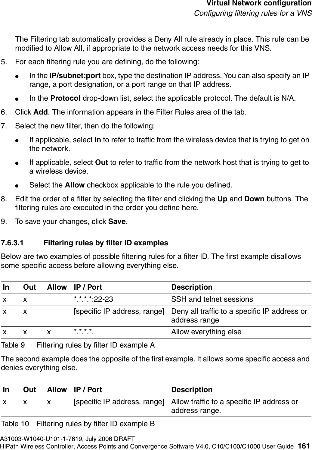 hwc_vnsconfiguration.fmA31003-W1040-U101-1-7619, July 2006 DRAFTHiPath Wireless Controller, Access Points and Convergence Software V4.0, C10/C100/C1000 User Guide 161        Virtual Network configurationConfiguring filtering rules for a VNSThe Filtering tab automatically provides a Deny All rule already in place. This rule can be modified to Allow All, if appropriate to the network access needs for this VNS.5. For each filtering rule you are defining, do the following:●In the IP/subnet:port box, type the destination IP address. You can also specify an IP range, a port designation, or a port range on that IP address.●In the Protocol drop-down list, select the applicable protocol. The default is N/A.6. Click Add. The information appears in the Filter Rules area of the tab.7. Select the new filter, then do the following:●If applicable, select In to refer to traffic from the wireless device that is trying to get on the network.●If applicable, select Out to refer to traffic from the network host that is trying to get to a wireless device. ●Select the Allow checkbox applicable to the rule you defined.8. Edit the order of a filter by selecting the filter and clicking the Up and Down buttons. The filtering rules are executed in the order you define here.9. To save your changes, click Save.7.6.3.1 Filtering rules by filter ID examplesBelow are two examples of possible filtering rules for a filter ID. The first example disallows some specific access before allowing everything else.The second example does the opposite of the first example. It allows some specific access and denies everything else. In Out Allow IP / Port Descriptionx x *.*.*.*:22-23 SSH and telnet sessionsx x [specific IP address, range] Deny all traffic to a specific IP address or address rangex x x *.*.*.*. Allow everything elseTable 9 Filtering rules by filter ID example AIn Out Allow IP / Port Descriptionx x x [specific IP address, range] Allow traffic to a specific IP address or address range.Table 10 Filtering rules by filter ID example B