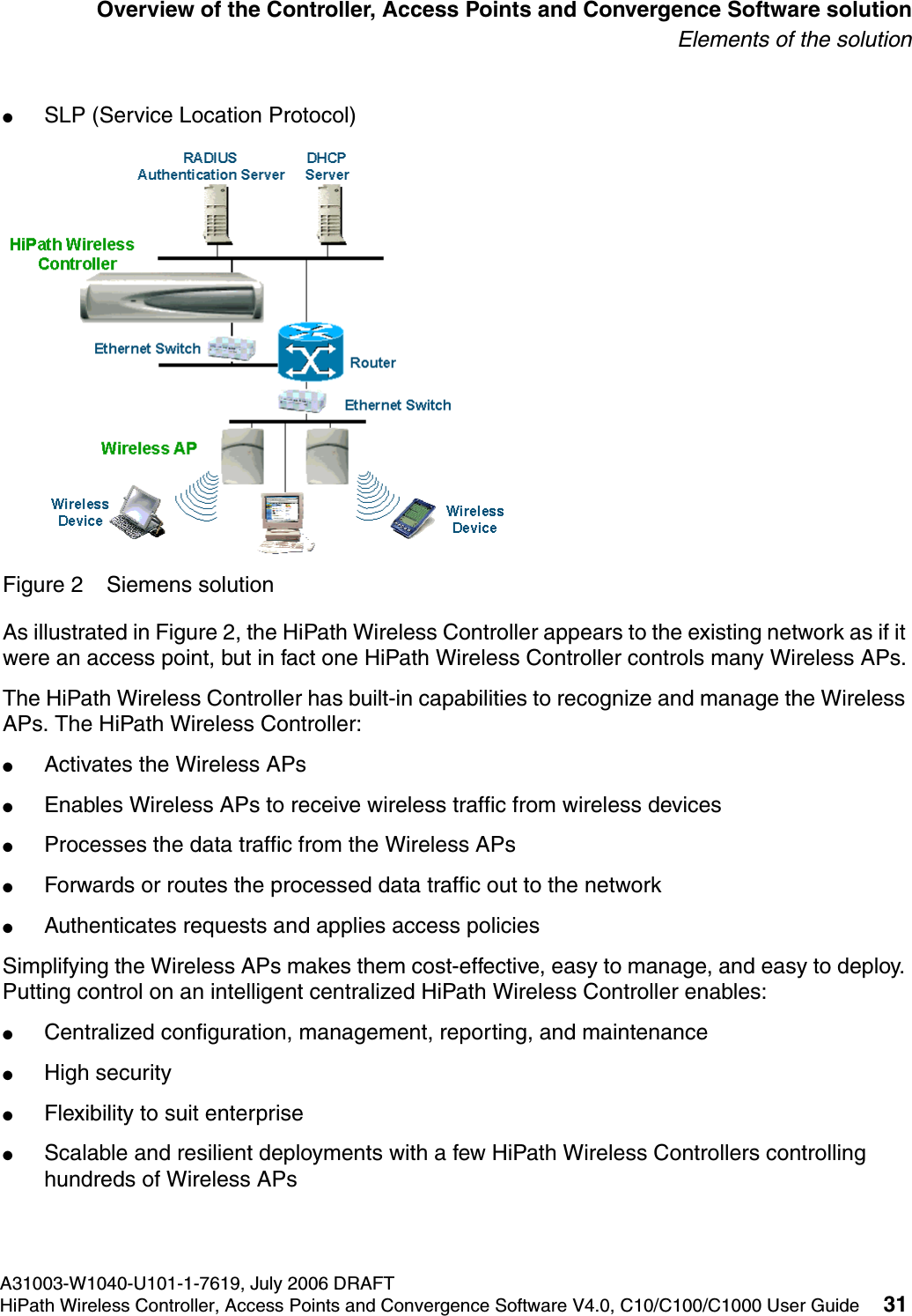 hwc_intro.fmA31003-W1040-U101-1-7619, July 2006 DRAFTHiPath Wireless Controller, Access Points and Convergence Software V4.0, C10/C100/C1000 User Guide 31        Overview of the Controller, Access Points and Convergence Software solutionElements of the solution●SLP (Service Location Protocol)Figure 2 Siemens solutionAs illustrated in Figure 2, the HiPath Wireless Controller appears to the existing network as if it were an access point, but in fact one HiPath Wireless Controller controls many Wireless APs.The HiPath Wireless Controller has built-in capabilities to recognize and manage the Wireless APs. The HiPath Wireless Controller:●Activates the Wireless APs●Enables Wireless APs to receive wireless traffic from wireless devices●Processes the data traffic from the Wireless APs ●Forwards or routes the processed data traffic out to the network●Authenticates requests and applies access policiesSimplifying the Wireless APs makes them cost-effective, easy to manage, and easy to deploy. Putting control on an intelligent centralized HiPath Wireless Controller enables:●Centralized configuration, management, reporting, and maintenance●High security●Flexibility to suit enterprise●Scalable and resilient deployments with a few HiPath Wireless Controllers controlling hundreds of Wireless APs