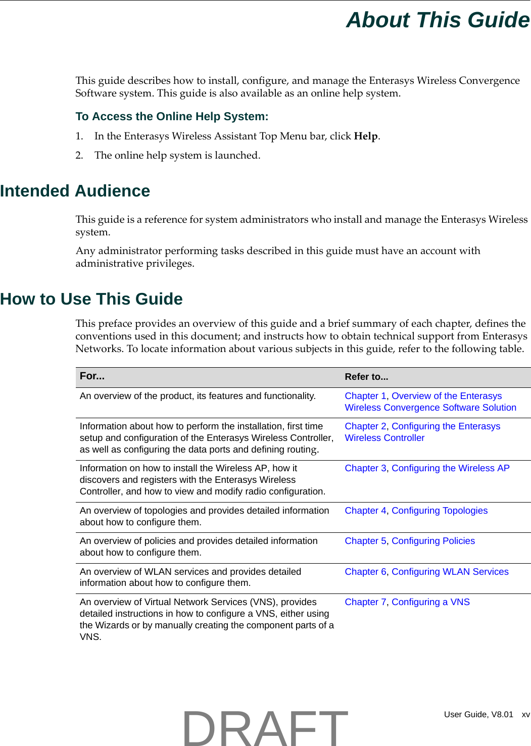 User Guide, V8.01 xvAbout This GuideThisguidedescribeshowtoinstall,configure,andmanagetheEnterasysWirelessConvergenceSoftwaresystem.Thisguideisalsoavailableasanonlinehelpsystem.To Access the Online Help System:1. IntheEnterasysWirelessAssistantTopMenubar,clickHelp.2. Theonlinehelpsystemislaunched.Intended AudienceThisguideisareferenceforsystemadministratorswhoinstallandmanagetheEnterasysWirelesssystem.Anyadministratorperformingtasksdescribedinthisguidemusthaveanaccountwithadministrativeprivileges.How to Use This GuideThisprefaceprovidesanoverviewofthisguideandabriefsummaryofeachchapter,definestheconventionsusedinthisdocument;andinstructshowtoobtaintechnicalsupportfromEnterasysNetworks.Tolocateinformationaboutvarioussubjectsinthisguide,refertothefollowingtable.For...  Refer to...An overview of the product, its features and functionality.  Chapter 1, Overview of the Enterasys Wireless Convergence Software SolutionInformation about how to perform the installation, first time setup and configuration of the Enterasys Wireless Controller, as well as configuring the data ports and defining routing.Chapter 2, Configuring the Enterasys Wireless ControllerInformation on how to install the Wireless AP, how it discovers and registers with the Enterasys Wireless Controller, and how to view and modify radio configuration.Chapter 3, Configuring the Wireless APAn overview of topologies and provides detailed information about how to configure them.Chapter 4, Configuring TopologiesAn overview of policies and provides detailed information about how to configure them.Chapter 5, Configuring PoliciesAn overview of WLAN services and provides detailed information about how to configure them.Chapter 6, Configuring WLAN ServicesAn overview of Virtual Network Services (VNS), provides detailed instructions in how to configure a VNS, either using the Wizards or by manually creating the component parts of a VNS.Chapter 7, Configuring a VNSDRAFT