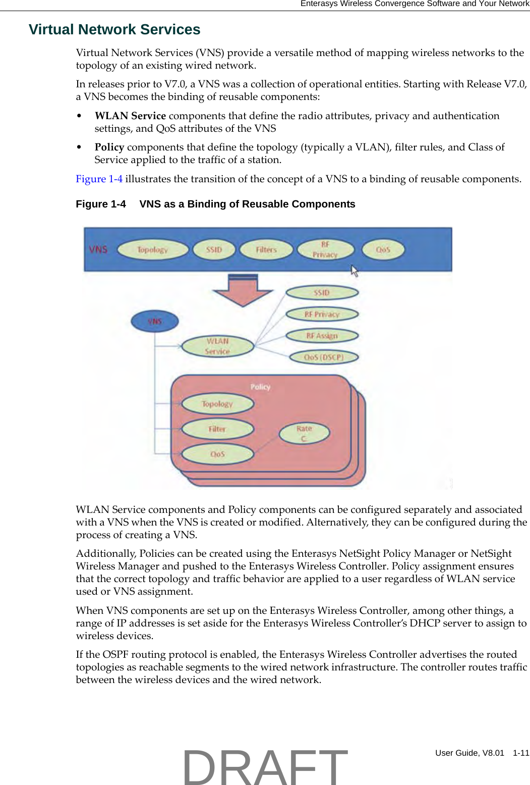 Enterasys Wireless Convergence Software and Your NetworkUser Guide, V8.01 1-11Virtual Network ServicesVirtualNetworkServices(VNS)provideaversatilemethodofmappingwirelessnetworkstothetopologyofanexistingwirednetwork.InreleasespriortoV7.0,aVNSwasacollectionofoperationalentities.StartingwithReleaseV7.0,aVNSbecomesthebindingofreusablecomponents:&bull;WLANServicecomponentsthatdefinetheradioattributes,privacyandauthenticationsettings,andQoSattributesoftheVNS&bull;Policycomponentsthatdefinethetopology(typicallyaVLAN),filterrules,andClassofServiceappliedtothetrafficofastation.Figure 1‐4illustratesthetransitionoftheconceptofaVNStoabindingofreusablecomponents.Figure 1-4  VNS as a Binding of Reusable ComponentsWLANServicecomponentsandPolicycomponentscanbeconfiguredseparatelyandassociatedwithaVNSwhentheVNSiscreatedormodified.Alternatively,theycanbeconfiguredduringtheprocessofcreatingaVNS.Additionally,PoliciescanbecreatedusingtheEnterasysNetSightPolicyManagerorNetSightWirelessManagerandpushedtotheEnterasysWirelessController.PolicyassignmentensuresthatthecorrecttopologyandtrafficbehaviorareappliedtoauserregardlessofWLANserviceusedorVNSassignment.WhenVNScomponentsaresetupontheEnterasysWirelessController,amongotherthings,arangeofIPaddressesissetasidefortheEnterasysWirelessController&rsquo;sDHCPservertoassigntowirelessdevices.IftheOSPFroutingprotocolisenabled,theEnterasysWirelessControlleradvertisestheroutedtopologiesasreachablesegmentstothewirednetworkinfrastructure.Thecontrollerroutestrafficbetweenthewirelessdevicesandthewirednetwork.DRAFT