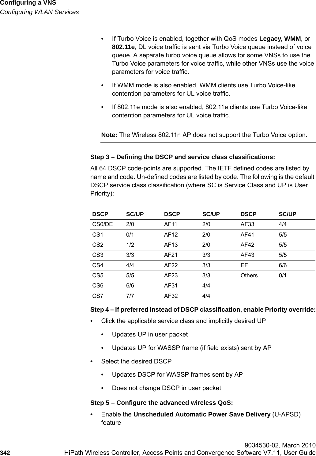 Configuring a VNShwc_vnsconfiguration.fmConfiguring WLAN Services 9034530-02, March 2010342 HiPath Wireless Controller, Access Points and Convergence Software V7.11, User Guide        &bull;If Turbo Voice is enabled, together with QoS modes Legacy, WMM, or 802.11e, DL voice traffic is sent via Turbo Voice queue instead of voice queue. A separate turbo voice queue allows for some VNSs to use the Turbo Voice parameters for voice traffic, while other VNSs use the voice parameters for voice traffic.&bull;If WMM mode is also enabled, WMM clients use Turbo Voice-like contention parameters for UL voice traffic.&bull;If 802.11e mode is also enabled, 802.11e clients use Turbo Voice-like contention parameters for UL voice traffic.Note: The Wireless 802.11n AP does not support the Turbo Voice option.Step 3 &ndash; Defining the DSCP and service class classifications:All 64 DSCP code-points are supported. The IETF defined codes are listed by name and code. Un-defined codes are listed by code. The following is the default DSCP service class classification (where SC is Service Class and UP is User Priority):Step 4 &ndash; If preferred instead of DSCP classification, enable Priority override:&bull;Click the applicable service class and implicitly desired UP&bull;Updates UP in user packet&bull;Updates UP for WASSP frame (if field exists) sent by AP&bull;Select the desired DSCP&bull;Updates DSCP for WASSP frames sent by AP&bull;Does not change DSCP in user packetStep 5 &ndash; Configure the advanced wireless QoS:&bull;Enable the Unscheduled Automatic Power Save Delivery (U-APSD) feature DSCP SC/UP DSCP SC/UP DSCP SC/UPCS0/DE 2/0 AF11 2/0 AF33 4/4CS1 0/1 AF12 2/0 AF41 5/5CS2 1/2 AF13 2/0 AF42 5/5CS3 3/3 AF21 3/3 AF43 5/5CS4 4/4 AF22 3/3 EF 6/6CS5 5/5 AF23 3/3 Others 0/1CS6 6/6 AF31 4/4CS7 7/7 AF32 4/4