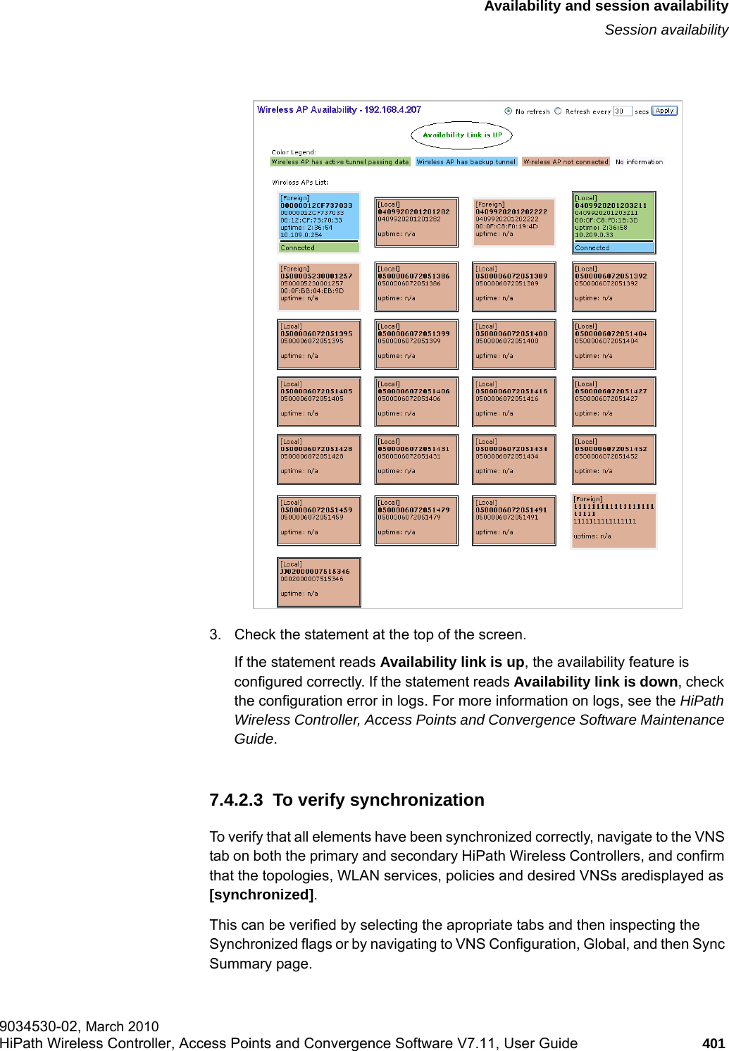 hwc_fastfailover.fmAvailability and session availabilitySession availability9034530-02, March 2010HiPath Wireless Controller, Access Points and Convergence Software V7.11, User Guide 401         3. Check the statement at the top of the screen. If the statement reads Availability link is up, the availability feature is configured correctly. If the statement reads Availability link is down, check the configuration error in logs. For more information on logs, see the HiPath Wireless Controller, Access Points and Convergence Software Maintenance Guide.7.4.2.3  To verify synchronizationTo verify that all elements have been synchronized correctly, navigate to the VNS tab on both the primary and secondary HiPath Wireless Controllers, and confirm that the topologies, WLAN services, policies and desired VNSs aredisplayed as [synchronized]. This can be verified by selecting the apropriate tabs and then inspecting the Synchronized flags or by navigating to VNS Configuration, Global, and then Sync Summary page.