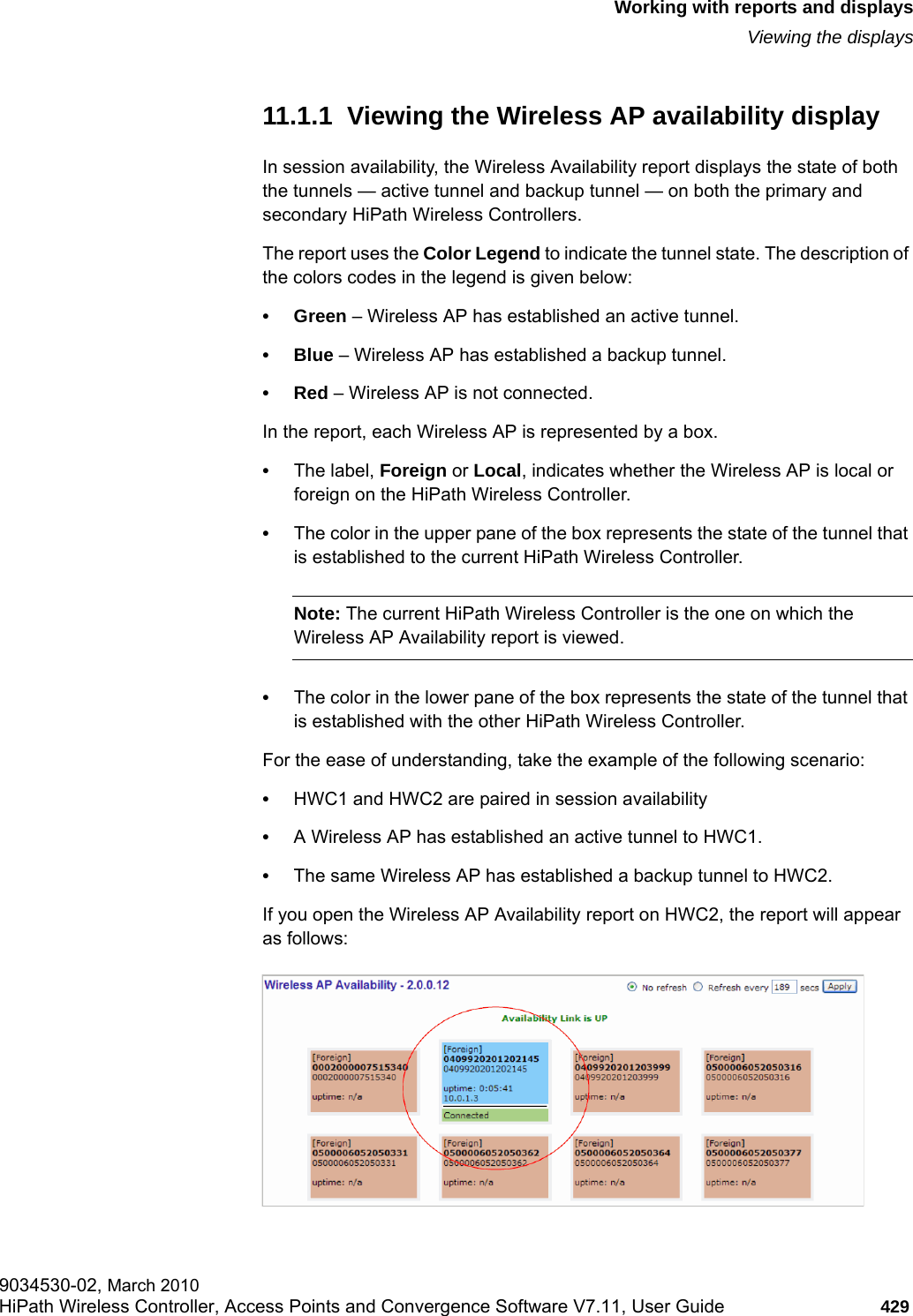 hwc_reports.fmWorking with reports and displaysViewing the displays9034530-02, March 2010HiPath Wireless Controller, Access Points and Convergence Software V7.11, User Guide 429         11.1.1  Viewing the Wireless AP availability displayIn session availability, the Wireless Availability report displays the state of both the tunnels &mdash; active tunnel and backup tunnel &mdash; on both the primary and secondary HiPath Wireless Controllers.The report uses the Color Legend to indicate the tunnel state. The description of the colors codes in the legend is given below:&bull;Green &ndash; Wireless AP has established an active tunnel.&bull;Blue &ndash; Wireless AP has established a backup tunnel.&bull;Red &ndash; Wireless AP is not connected.In the report, each Wireless AP is represented by a box. &bull;The label, Foreign or Local, indicates whether the Wireless AP is local or foreign on the HiPath Wireless Controller. &bull;The color in the upper pane of the box represents the state of the tunnel that is established to the current HiPath Wireless Controller. Note: The current HiPath Wireless Controller is the one on which the Wireless AP Availability report is viewed.&bull;The color in the lower pane of the box represents the state of the tunnel that is established with the other HiPath Wireless Controller. For the ease of understanding, take the example of the following scenario:&bull;HWC1 and HWC2 are paired in session availability&bull;A Wireless AP has established an active tunnel to HWC1. &bull;The same Wireless AP has established a backup tunnel to HWC2. If you open the Wireless AP Availability report on HWC2, the report will appear as follows: