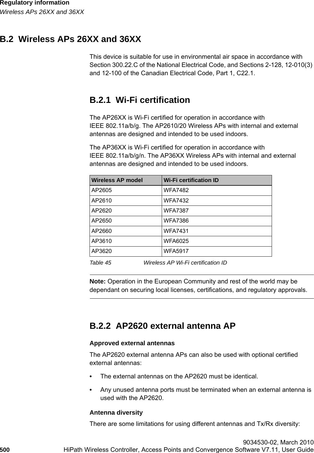 Regulatory informationhwc_appendixb.fmWireless APs 26XX and 36XX 9034530-02, March 2010500 HiPath Wireless Controller, Access Points and Convergence Software V7.11, User Guide        B.2  Wireless APs 26XX and 36XXThis device is suitable for use in environmental air space in accordance with Section 300.22.C of the National Electrical Code, and Sections 2-128, 12-010(3) and 12-100 of the Canadian Electrical Code, Part 1, C22.1.B.2.1  Wi-Fi certificationThe AP26XX is Wi-Fi certified for operation in accordance with IEEE 802.11a/b/g. The AP2610/20 Wireless APs with internal and external antennas are designed and intended to be used indoors.The AP36XX is Wi-Fi certified for operation in accordance with IEEE 802.11a/b/g/n. The AP36XX Wireless APs with internal and external antennas are designed and intended to be used indoors.Note: Operation in the European Community and rest of the world may be dependant on securing local licenses, certifications, and regulatory approvals.B.2.2  AP2620 external antenna APApproved external antennasThe AP2620 external antenna APs can also be used with optional certified external antennas:&bull;The external antennas on the AP2620 must be identical.&bull;Any unused antenna ports must be terminated when an external antenna is used with the AP2620.Antenna diversityThere are some limitations for using different antennas and Tx/Rx diversity:Wireless AP model Wi-Fi certification IDAP2605 WFA7482AP2610 WFA7432AP2620 WFA7387AP2650 WFA7386AP2660 WFA7431AP3610 WFA6025AP3620 WFA5917Table 45 Wireless AP Wi-Fi certification ID