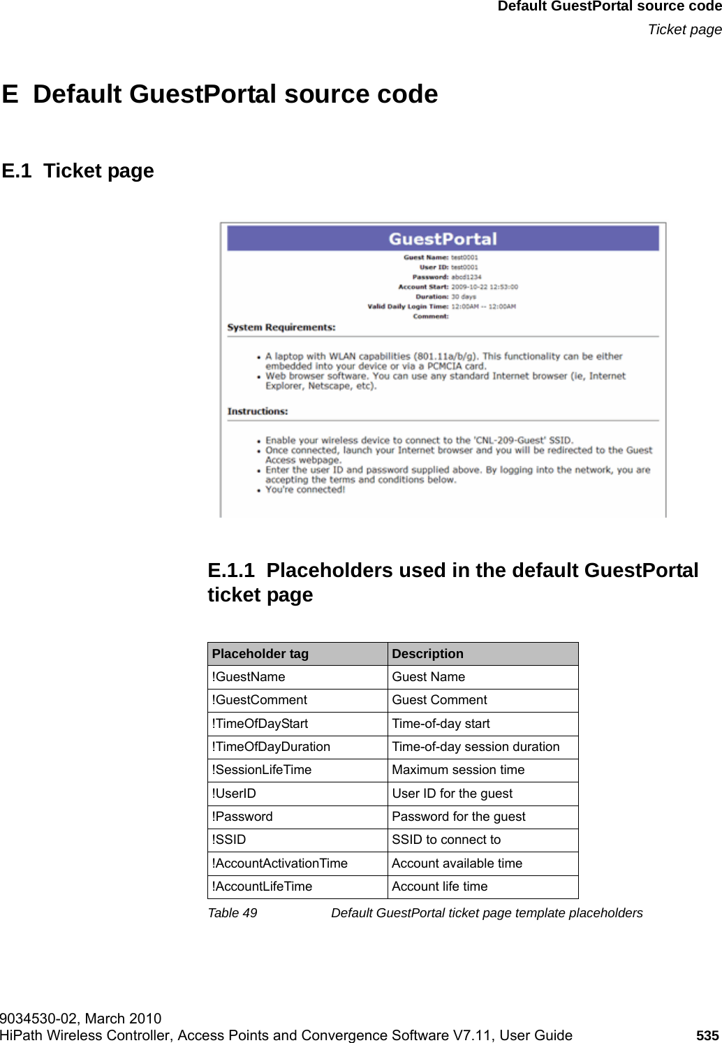 hwc_appendixe.fm9034530-02, March 2010HiPath Wireless Controller, Access Points and Convergence Software V7.11, User Guide 535      Default GuestPortal source codeTicket pageE  Default GuestPortal source codeE.1  Ticket pageE.1.1  Placeholders used in the default GuestPortal ticket pagePlaceholder tag Description!GuestName Guest Name!GuestComment Guest Comment!TimeOfDayStart Time-of-day start!TimeOfDayDuration  Time-of-day session duration  !SessionLifeTime Maximum session time!UserID  User ID for the guest!Password Password for the guest!SSID SSID to connect to!AccountActivationTime Account available time!AccountLifeTime Account life timeTable 49 Default GuestPortal ticket page template placeholders