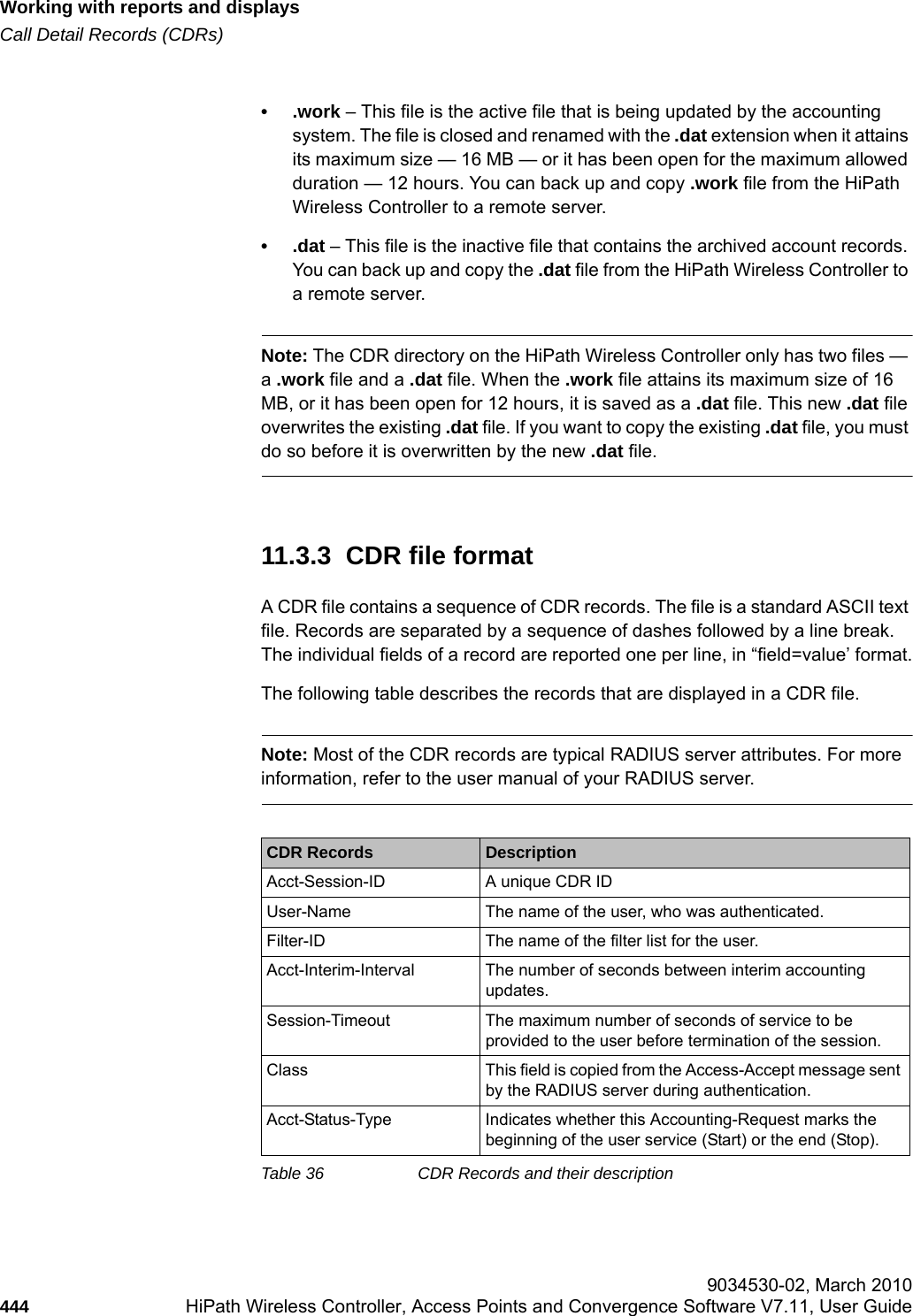 Working with reports and displayshwc_reports.fmCall Detail Records (CDRs) 9034530-02, March 2010444 HiPath Wireless Controller, Access Points and Convergence Software V7.11, User Guide        &bull;.work &ndash; This file is the active file that is being updated by the accounting system. The file is closed and renamed with the .dat extension when it attains its maximum size &mdash; 16 MB &mdash; or it has been open for the maximum allowed duration &mdash; 12 hours. You can back up and copy .work file from the HiPath Wireless Controller to a remote server.&bull;.dat &ndash; This file is the inactive file that contains the archived account records. You can back up and copy the .dat file from the HiPath Wireless Controller to a remote server.Note: The CDR directory on the HiPath Wireless Controller only has two files &mdash; a .work file and a .dat file. When the .work file attains its maximum size of 16 MB, or it has been open for 12 hours, it is saved as a .dat file. This new .dat file overwrites the existing .dat file. If you want to copy the existing .dat file, you must do so before it is overwritten by the new .dat file. 11.3.3  CDR file formatA CDR file contains a sequence of CDR records. The file is a standard ASCII text file. Records are separated by a sequence of dashes followed by a line break. The individual fields of a record are reported one per line, in &ldquo;field=value&rsquo; format.The following table describes the records that are displayed in a CDR file. Note: Most of the CDR records are typical RADIUS server attributes. For more information, refer to the user manual of your RADIUS server.CDR Records DescriptionAcct-Session-ID A unique CDR IDUser-Name The name of the user, who was authenticated.Filter-ID The name of the filter list for the user.Acct-Interim-Interval The number of seconds between interim accounting updates.Session-Timeout The maximum number of seconds of service to be provided to the user before termination of the session. Class This field is copied from the Access-Accept message sent by the RADIUS server during authentication.Acct-Status-Type Indicates whether this Accounting-Request marks the beginning of the user service (Start) or the end (Stop).Table 36 CDR Records and their description 