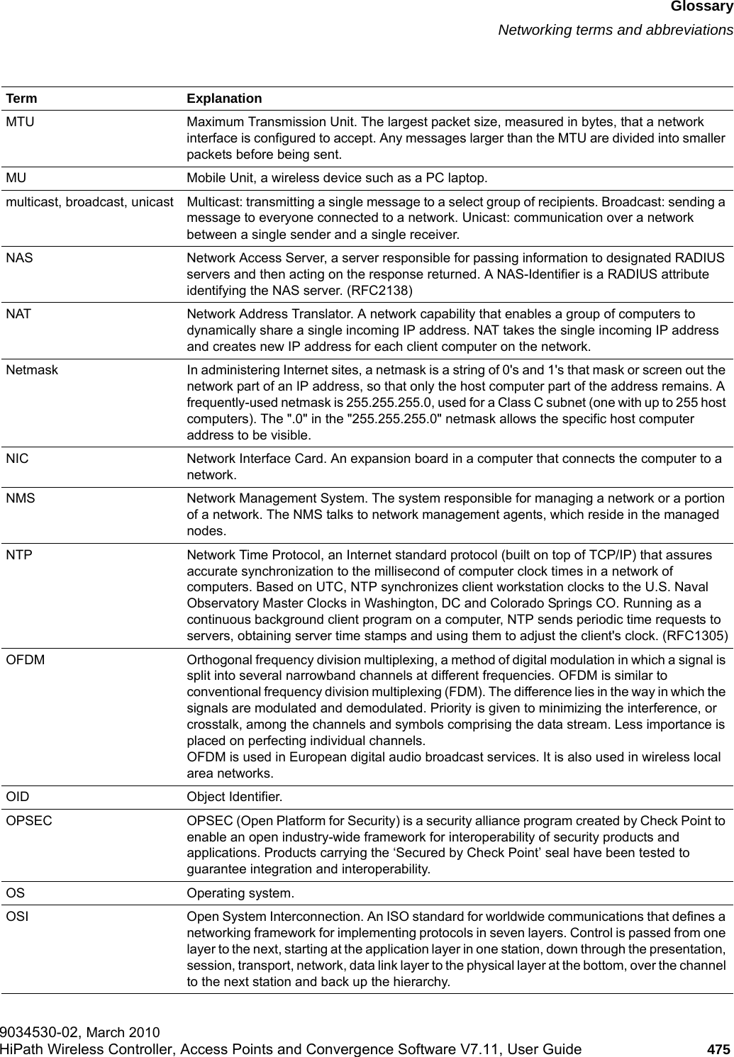 hwc_glossary.fmGlossaryNetworking terms and abbreviations9034530-02, March 2010HiPath Wireless Controller, Access Points and Convergence Software V7.11, User Guide 475         MTU Maximum Transmission Unit. The largest packet size, measured in bytes, that a network interface is configured to accept. Any messages larger than the MTU are divided into smaller packets before being sent. MU Mobile Unit, a wireless device such as a PC laptop.multicast, broadcast, unicast Multicast: transmitting a single message to a select group of recipients. Broadcast: sending a message to everyone connected to a network. Unicast: communication over a network between a single sender and a single receiver. NAS Network Access Server, a server responsible for passing information to designated RADIUS servers and then acting on the response returned. A NAS-Identifier is a RADIUS attribute identifying the NAS server. (RFC2138)NAT  Network Address Translator. A network capability that enables a group of computers to dynamically share a single incoming IP address. NAT takes the single incoming IP address and creates new IP address for each client computer on the network. Netmask In administering Internet sites, a netmask is a string of 0's and 1's that mask or screen out the network part of an IP address, so that only the host computer part of the address remains. A frequently-used netmask is 255.255.255.0, used for a Class C subnet (one with up to 255 host computers). The ".0" in the "255.255.255.0" netmask allows the specific host computer address to be visible. NIC Network Interface Card. An expansion board in a computer that connects the computer to a network. NMS  Network Management System. The system responsible for managing a network or a portion of a network. The NMS talks to network management agents, which reside in the managed nodes. NTP Network Time Protocol, an Internet standard protocol (built on top of TCP/IP) that assures accurate synchronization to the millisecond of computer clock times in a network of computers. Based on UTC, NTP synchronizes client workstation clocks to the U.S. Naval Observatory Master Clocks in Washington, DC and Colorado Springs CO. Running as a continuous background client program on a computer, NTP sends periodic time requests to servers, obtaining server time stamps and using them to adjust the client's clock. (RFC1305)OFDM Orthogonal frequency division multiplexing, a method of digital modulation in which a signal is split into several narrowband channels at different frequencies. OFDM is similar to conventional frequency division multiplexing (FDM). The difference lies in the way in which the signals are modulated and demodulated. Priority is given to minimizing the interference, or crosstalk, among the channels and symbols comprising the data stream. Less importance is placed on perfecting individual channels. OFDM is used in European digital audio broadcast services. It is also used in wireless local area networks. OID Object Identifier. OPSEC OPSEC (Open Platform for Security) is a security alliance program created by Check Point to enable an open industry-wide framework for interoperability of security products and applications. Products carrying the &lsquo;Secured by Check Point&rsquo; seal have been tested to guarantee integration and interoperability. OS Operating system.OSI Open System Interconnection. An ISO standard for worldwide communications that defines a networking framework for implementing protocols in seven layers. Control is passed from one layer to the next, starting at the application layer in one station, down through the presentation, session, transport, network, data link layer to the physical layer at the bottom, over the channel to the next station and back up the hierarchy.Term Explanation