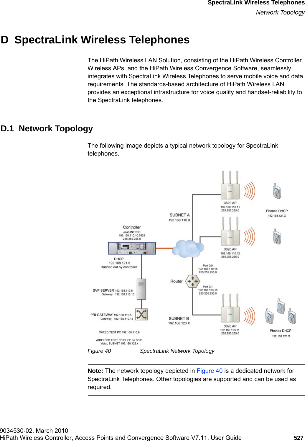 hwc_appendixd.fm9034530-02, March 2010HiPath Wireless Controller, Access Points and Convergence Software V7.11, User Guide 527      SpectraLink Wireless TelephonesNetwork TopologyD  SpectraLink Wireless TelephonesThe HiPath Wireless LAN Solution, consisting of the HiPath Wireless Controller, Wireless APs, and the HiPath Wireless Convergence Software, seamlessly integrates with SpectraLink Wireless Telephones to serve mobile voice and data requirements. The standards-based architecture of HiPath Wireless LAN provides an exceptional infrastructure for voice quality and handset-reliability to the SpectraLink telephones.D.1  Network TopologyThe following image depicts a typical network topology for SpectraLink telephones.Figure 40 SpectraLink Network TopologyNote: The network topology depicted in Figure 40 is a dedicated network for SpectraLink Telephones. Other topologies are supported and can be used as required.