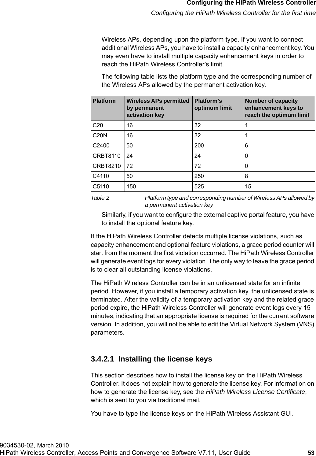 hwc_startup.fmConfiguring the HiPath Wireless ControllerConfiguring the HiPath Wireless Controller for the first time9034530-02, March 2010HiPath Wireless Controller, Access Points and Convergence Software V7.11, User Guide 53         Wireless APs, depending upon the platform type. If you want to connect additional Wireless APs, you have to install a capacity enhancement key. You may even have to install multiple capacity enhancement keys in order to reach the HiPath Wireless Controller&rsquo;s limit.The following table lists the platform type and the corresponding number of the Wireless APs allowed by the permanent activation key.Similarly, if you want to configure the external captive portal feature, you have to install the optional feature key. If the HiPath Wireless Controller detects multiple license violations, such as capacity enhancement and optional feature violations, a grace period counter will start from the moment the first violation occurred. The HiPath Wireless Controller will generate event logs for every violation. The only way to leave the grace period is to clear all outstanding license violations.The HiPath Wireless Controller can be in an unlicensed state for an infinite period. However, if you install a temporary activation key, the unlicensed state is terminated. After the validity of a temporary activation key and the related grace period expire, the HiPath Wireless Controller will generate event logs every 15 minutes, indicating that an appropriate license is required for the current software version. In addition, you will not be able to edit the Virtual Network System (VNS) parameters.3.4.2.1  Installing the license keysThis section describes how to install the license key on the HiPath Wireless Controller. It does not explain how to generate the license key. For information on how to generate the license key, see the HiPath Wireless License Certificate, which is sent to you via traditional mail.You have to type the license keys on the HiPath Wireless Assistant GUI. Platform Wireless APs permitted by permanent activation keyPlatform&rsquo;s optimum limit Number of capacity enhancement keys to reach the optimum limitC20 16 32 1C20N 16 32 1C2400 50 200 6CRBT8110 24 24 0CRBT8210 72 72 0C4110 50 250 8C5110 150 525 15Table 2 Platform type and corresponding number of Wireless APs allowed by a permanent activation key