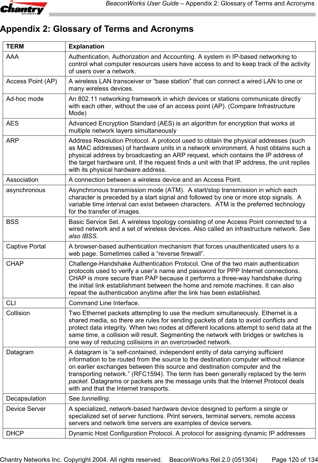 BeaconWorks User Guide &ndash; Appendix 2: Glossary of Terms and AcronymsChantry Networks Inc. Copyright 2004. All rights reserved.    BeaconWorks Rel 2.0 (051304) Page 120 of 134Appendix 2: Glossary of Terms and AcronymsTERM ExplanationAAA Authentication, Authorization and Accounting. A system in IP-based networking tocontrol what computer resources users have access to and to keep track of the activityof users over a network.Access Point (AP) A wireless LAN transceiver or &ldquo;base station&rdquo; that can connect a wired LAN to one ormany wireless devices.Ad-hoc mode An 802.11 networking framework in which devices or stations communicate directlywith each other, without the use of an access point (AP). (Compare InfrastructureMode)AES Advanced Encryption Standard (AES) is an algorithm for encryption that works atmultiple network layers simultaneouslyARP Address Resolution Protocol. A protocol used to obtain the physical addresses (suchas MAC addresses) of hardware units in a network environment. A host obtains such aphysical address by broadcasting an ARP request, which contains the IP address ofthe target hardware unit. If the request finds a unit with that IP address, the unit replieswith its physical hardware address.Association A connection between a wireless device and an Access Point.asynchronous Asynchronous transmission mode (ATM).  A start/stop transmission in which eachcharacter is preceded by a start signal and followed by one or more stop signals.  Avariable time interval can exist between characters.  ATM is the preferred technologyfor the transfer of images.BSS Basic Service Set. A wireless topology consisting of one Access Point connected to awired network and a set of wireless devices. Also called an infrastructure network. Seealso IBSS.Captive Portal A browser-based authentication mechanism that forces unauthenticated users to aweb page. Sometimes called a &ldquo;reverse firewall&rdquo;.CHAP Challenge-Handshake Authentication Protocol. One of the two main authenticationprotocols used to verify a user&rsquo;s name and password for PPP Internet connections.CHAP is more secure than PAP because it performs a three-way handshake duringthe initial link establishment between the home and remote machines. It can alsorepeat the authentication anytime after the link has been established.CLI Command Line Interface.Collision Two Ethernet packets attempting to use the medium simultaneously. Ethernet is ashared media, so there are rules for sending packets of data to avoid conflicts andprotect data integrity. When two nodes at different locations attempt to send data at thesame time, a collision will result. Segmenting the network with bridges or switches isone way of reducing collisions in an overcrowded network.Datagram A datagram is &ldquo;a self-contained, independent entity of data carrying sufficientinformation to be routed from the source to the destination computer without relianceon earlier exchanges between this source and destination computer and thetransporting network.&rdquo; (RFC1594). The term has been generally replaced by the termpacket. Datagrams or packets are the message units that the Internet Protocol dealswith and that the Internet transports.Decapsulation See tunnelling.Device Server A specialized, network-based hardware device designed to perform a single orspecialized set of server functions. Print servers, terminal servers, remote accessservers and network time servers are examples of device servers.DHCP Dynamic Host Configuration Protocol. A protocol for assigning dynamic IP addresses