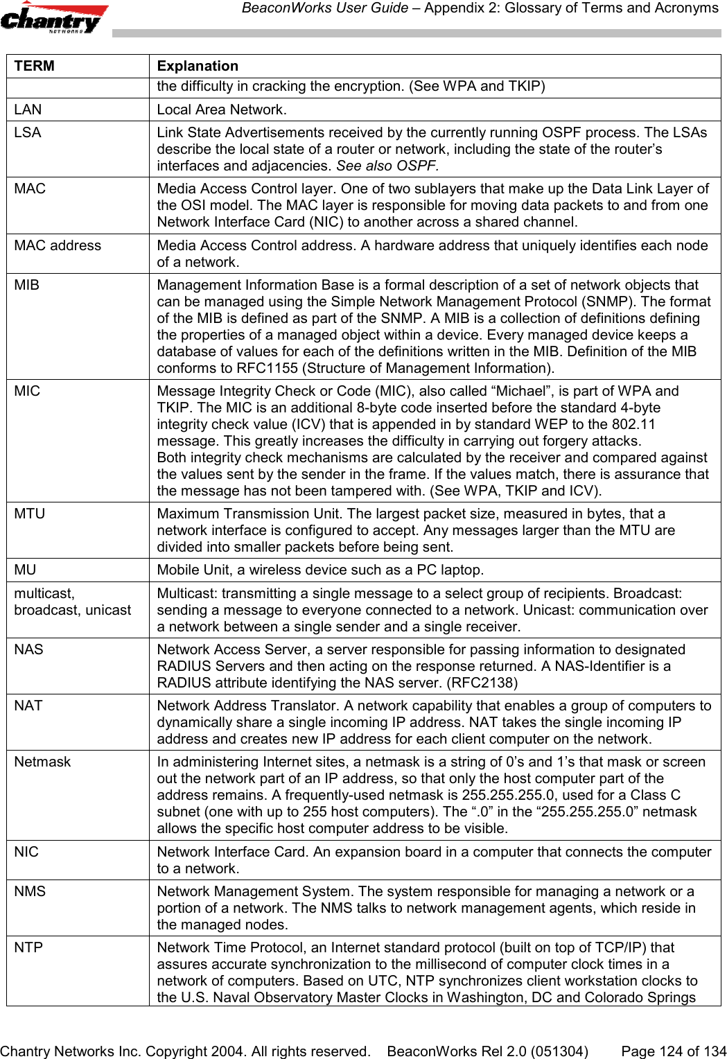 BeaconWorks User Guide &ndash; Appendix 2: Glossary of Terms and AcronymsChantry Networks Inc. Copyright 2004. All rights reserved.    BeaconWorks Rel 2.0 (051304) Page 124 of 134TERM Explanationthe difficulty in cracking the encryption. (See WPA and TKIP)LAN Local Area Network.LSA Link State Advertisements received by the currently running OSPF process. The LSAsdescribe the local state of a router or network, including the state of the router&rsquo;sinterfaces and adjacencies. See also OSPF.MAC Media Access Control layer. One of two sublayers that make up the Data Link Layer ofthe OSI model. The MAC layer is responsible for moving data packets to and from oneNetwork Interface Card (NIC) to another across a shared channel.MAC address Media Access Control address. A hardware address that uniquely identifies each nodeof a network.MIB Management Information Base is a formal description of a set of network objects thatcan be managed using the Simple Network Management Protocol (SNMP). The formatof the MIB is defined as part of the SNMP. A MIB is a collection of definitions definingthe properties of a managed object within a device. Every managed device keeps adatabase of values for each of the definitions written in the MIB. Definition of the MIBconforms to RFC1155 (Structure of Management Information).MIC Message Integrity Check or Code (MIC), also called &ldquo;Michael&rdquo;, is part of WPA andTKIP. The MIC is an additional 8-byte code inserted before the standard 4-byteintegrity check value (ICV) that is appended in by standard WEP to the 802.11message. This greatly increases the difficulty in carrying out forgery attacks.Both integrity check mechanisms are calculated by the receiver and compared againstthe values sent by the sender in the frame. If the values match, there is assurance thatthe message has not been tampered with. (See WPA, TKIP and ICV).MTU Maximum Transmission Unit. The largest packet size, measured in bytes, that anetwork interface is configured to accept. Any messages larger than the MTU aredivided into smaller packets before being sent.MU Mobile Unit, a wireless device such as a PC laptop.multicast,broadcast, unicastMulticast: transmitting a single message to a select group of recipients. Broadcast:sending a message to everyone connected to a network. Unicast: communication overa network between a single sender and a single receiver.NAS Network Access Server, a server responsible for passing information to designatedRADIUS Servers and then acting on the response returned. A NAS-Identifier is aRADIUS attribute identifying the NAS server. (RFC2138)NAT Network Address Translator. A network capability that enables a group of computers todynamically share a single incoming IP address. NAT takes the single incoming IPaddress and creates new IP address for each client computer on the network.Netmask In administering Internet sites, a netmask is a string of 0&rsquo;s and 1&rsquo;s that mask or screenout the network part of an IP address, so that only the host computer part of theaddress remains. A frequently-used netmask is 255.255.255.0, used for a Class Csubnet (one with up to 255 host computers). The &ldquo;.0&rdquo; in the &ldquo;255.255.255.0&rdquo; netmaskallows the specific host computer address to be visible.NIC Network Interface Card. An expansion board in a computer that connects the computerto a network.NMS Network Management System. The system responsible for managing a network or aportion of a network. The NMS talks to network management agents, which reside inthe managed nodes.NTP Network Time Protocol, an Internet standard protocol (built on top of TCP/IP) thatassures accurate synchronization to the millisecond of computer clock times in anetwork of computers. Based on UTC, NTP synchronizes client workstation clocks tothe U.S. Naval Observatory Master Clocks in Washington, DC and Colorado Springs