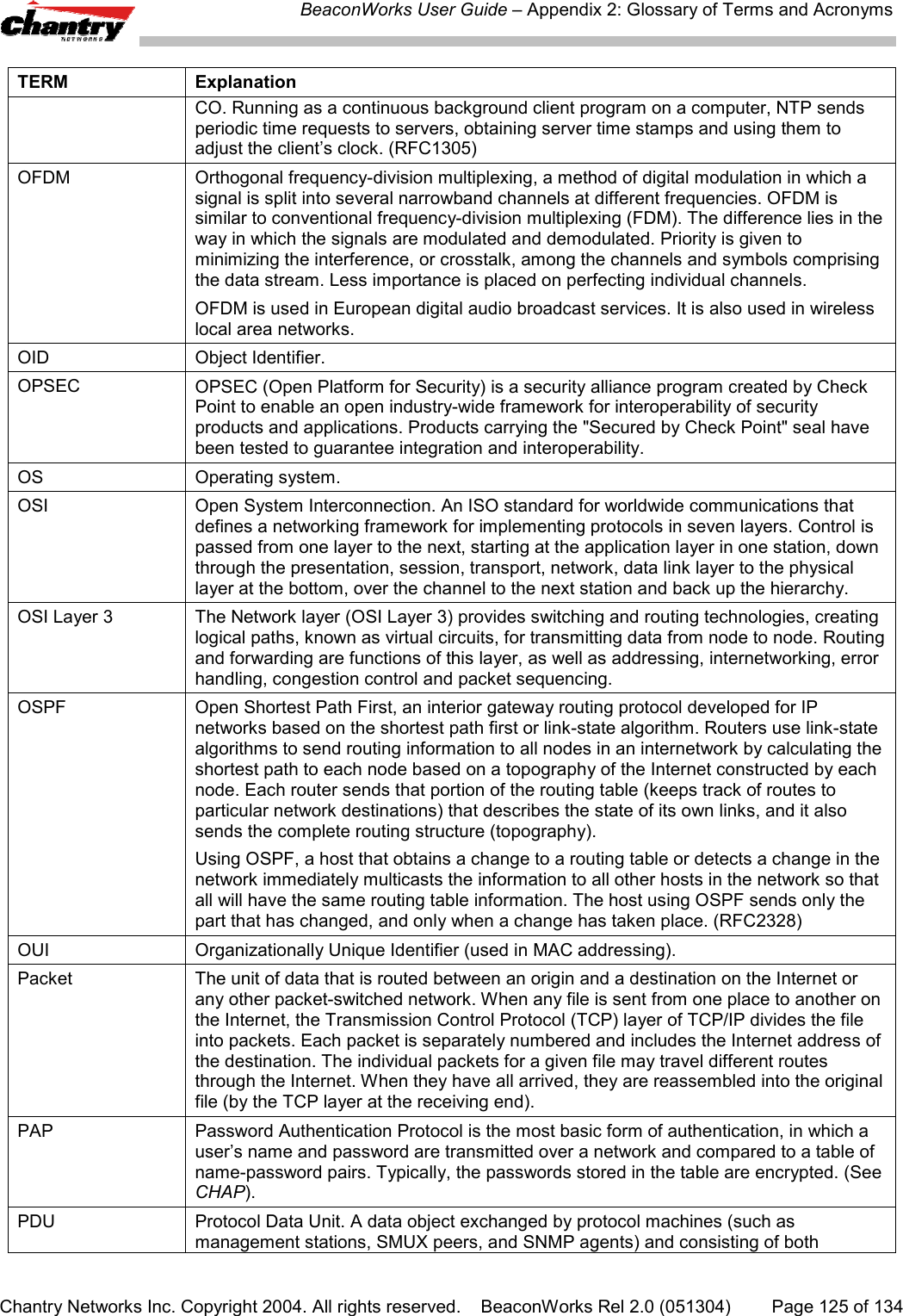 BeaconWorks User Guide &ndash; Appendix 2: Glossary of Terms and AcronymsChantry Networks Inc. Copyright 2004. All rights reserved.    BeaconWorks Rel 2.0 (051304) Page 125 of 134TERM ExplanationCO. Running as a continuous background client program on a computer, NTP sendsperiodic time requests to servers, obtaining server time stamps and using them toadjust the client&rsquo;s clock. (RFC1305)OFDM Orthogonal frequency-division multiplexing, a method of digital modulation in which asignal is split into several narrowband channels at different frequencies. OFDM issimilar to conventional frequency-division multiplexing (FDM). The difference lies in theway in which the signals are modulated and demodulated. Priority is given tominimizing the interference, or crosstalk, among the channels and symbols comprisingthe data stream. Less importance is placed on perfecting individual channels.OFDM is used in European digital audio broadcast services. It is also used in wirelesslocal area networks.OID Object Identifier.OPSEC OPSEC (Open Platform for Security) is a security alliance program created by CheckPoint to enable an open industry-wide framework for interoperability of securityproducts and applications. Products carrying the "Secured by Check Point" seal havebeen tested to guarantee integration and interoperability.OS Operating system.OSI Open System Interconnection. An ISO standard for worldwide communications thatdefines a networking framework for implementing protocols in seven layers. Control ispassed from one layer to the next, starting at the application layer in one station, downthrough the presentation, session, transport, network, data link layer to the physicallayer at the bottom, over the channel to the next station and back up the hierarchy.OSI Layer 3 The Network layer (OSI Layer 3) provides switching and routing technologies, creatinglogical paths, known as virtual circuits, for transmitting data from node to node. Routingand forwarding are functions of this layer, as well as addressing, internetworking, errorhandling, congestion control and packet sequencing.OSPF Open Shortest Path First, an interior gateway routing protocol developed for IPnetworks based on the shortest path first or link-state algorithm. Routers use link-statealgorithms to send routing information to all nodes in an internetwork by calculating theshortest path to each node based on a topography of the Internet constructed by eachnode. Each router sends that portion of the routing table (keeps track of routes toparticular network destinations) that describes the state of its own links, and it alsosends the complete routing structure (topography).Using OSPF, a host that obtains a change to a routing table or detects a change in thenetwork immediately multicasts the information to all other hosts in the network so thatall will have the same routing table information. The host using OSPF sends only thepart that has changed, and only when a change has taken place. (RFC2328)OUI Organizationally Unique Identifier (used in MAC addressing).Packet The unit of data that is routed between an origin and a destination on the Internet orany other packet-switched network. When any file is sent from one place to another onthe Internet, the Transmission Control Protocol (TCP) layer of TCP/IP divides the fileinto packets. Each packet is separately numbered and includes the Internet address ofthe destination. The individual packets for a given file may travel different routesthrough the Internet. When they have all arrived, they are reassembled into the originalfile (by the TCP layer at the receiving end).PAP Password Authentication Protocol is the most basic form of authentication, in which auser&rsquo;s name and password are transmitted over a network and compared to a table ofname-password pairs. Typically, the passwords stored in the table are encrypted. (SeeCHAP).PDU Protocol Data Unit. A data object exchanged by protocol machines (such asmanagement stations, SMUX peers, and SNMP agents) and consisting of both