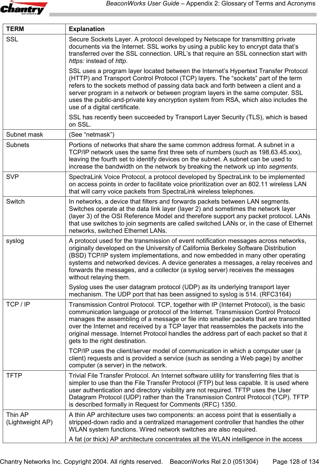 BeaconWorks User Guide &ndash; Appendix 2: Glossary of Terms and AcronymsChantry Networks Inc. Copyright 2004. All rights reserved.    BeaconWorks Rel 2.0 (051304) Page 128 of 134TERM ExplanationSSL Secure Sockets Layer. A protocol developed by Netscape for transmitting privatedocuments via the Internet. SSL works by using a public key to encrypt data that&rsquo;stransferred over the SSL connection. URL&rsquo;s that require an SSL connection start withhttps: instead of http.SSL uses a program layer located between the Internet&rsquo;s Hypertext Transfer Protocol(HTTP) and Transport Control Protocol (TCP) layers. The &ldquo;sockets&rdquo; part of the termrefers to the sockets method of passing data back and forth between a client and aserver program in a network or between program layers in the same computer. SSLuses the public-and-private key encryption system from RSA, which also includes theuse of a digital certificate.SSL has recently been succeeded by Transport Layer Security (TLS), which is basedon SSL.Subnet mask (See &ldquo;netmask&rdquo;)Subnets Portions of networks that share the same common address format. A subnet in aTCP/IP network uses the same first three sets of numbers (such as 198.63.45.xxx),leaving the fourth set to identify devices on the subnet. A subnet can be used toincrease the bandwidth on the network by breaking the network up into segments.SVP SpectraLink Voice Protocol, a protocol developed by SpectraLink to be implementedon access points in order to facilitate voice prioritization over an 802.11 wireless LANthat will carry voice packets from SpectraLink wireless telephones.Switch In networks, a device that filters and forwards packets between LAN segments.Switches operate at the data link layer (layer 2) and sometimes the network layer(layer 3) of the OSI Reference Model and therefore support any packet protocol. LANsthat use switches to join segments are called switched LANs or, in the case of Ethernetnetworks, switched Ethernet LANs.syslog A protocol used for the transmission of event notification messages across networks,originally developed on the University of California Berkeley Software Distribution(BSD) TCP/IP system implementations, and now embedded in many other operatingsystems and networked devices. A device generates a messages, a relay receives andforwards the messages, and a collector (a syslog server) receives the messageswithout relaying them.Syslog uses the user datagram protocol (UDP) as its underlying transport layermechanism. The UDP port that has been assigned to syslog is 514. (RFC3164)TCP / IP Transmission Control Protocol. TCP, together with IP (Internet Protocol), is the basiccommunication language or protocol of the Internet. Transmission Control Protocolmanages the assembling of a message or file into smaller packets that are transmittedover the Internet and received by a TCP layer that reassembles the packets into theoriginal message. Internet Protocol handles the address part of each packet so that itgets to the right destination.TCP/IP uses the client/server model of communication in which a computer user (aclient) requests and is provided a service (such as sending a Web page) by anothercomputer (a server) in the network.TFTP Trivial File Transfer Protocol. An Internet software utility for transferring files that issimpler to use than the File Transfer Protocol (FTP) but less capable. It is used whereuser authentication and directory visibility are not required. TFTP uses the UserDatagram Protocol (UDP) rather than the Transmission Control Protocol (TCP). TFTPis described formally in Request for Comments (RFC) 1350.Thin AP(Lightweight AP)A thin AP architecture uses two components: an access point that is essentially astripped-down radio and a centralized management controller that handles the otherWLAN system functions. Wired network switches are also required.A fat (or thick) AP architecture concentrates all the WLAN intelligence in the access