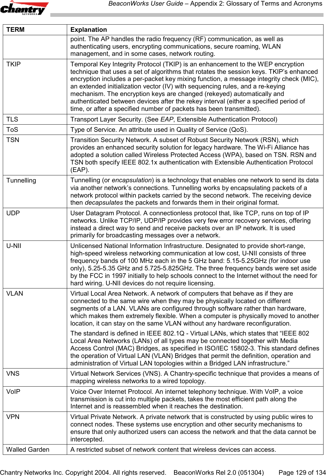 BeaconWorks User Guide &ndash; Appendix 2: Glossary of Terms and AcronymsChantry Networks Inc. Copyright 2004. All rights reserved.    BeaconWorks Rel 2.0 (051304) Page 129 of 134TERM Explanationpoint. The AP handles the radio frequency (RF) communication, as well asauthenticating users, encrypting communications, secure roaming, WLANmanagement, and in some cases, network routing.TKIP Temporal Key Integrity Protocol (TKIP) is an enhancement to the WEP encryptiontechnique that uses a set of algorithms that rotates the session keys. TKIP&rsquo;s enhancedencryption includes a per-packet key mixing function, a message integrity check (MIC),an extended initialization vector (IV) with sequencing rules, and a re-keyingmechanism. The encryption keys are changed (rekeyed) automatically andauthenticated between devices after the rekey interval (either a specified period oftime, or after a specified number of packets has been transmitted).TLS Transport Layer Security. (See EAP, Extensible Authentication Protocol)ToS Type of Service. An attribute used in Quality of Service (QoS).TSN Transition Security Network. A subset of Robust Security Network (RSN), whichprovides an enhanced security solution for legacy hardware. The Wi-Fi Alliance hasadopted a solution called Wireless Protected Access (WPA), based on TSN. RSN andTSN both specify IEEE 802.1x authentication with Extensible Authentication Protocol(EAP).Tunnelling Tunnelling (or encapsulation) is a technology that enables one network to send its datavia another network&rsquo;s connections. Tunnelling works by encapsulating packets of anetwork protocol within packets carried by the second network. The receiving devicethen decapsulates the packets and forwards them in their original format.UDP User Datagram Protocol. A connectionless protocol that, like TCP, runs on top of IPnetworks. Unlike TCP/IP, UDP/IP provides very few error recovery services, offeringinstead a direct way to send and receive packets over an IP network. It is usedprimarily for broadcasting messages over a network.U-NII Unlicensed National Information Infrastructure. Designated to provide short-range,high-speed wireless networking communication at low cost, U-NII consists of threefrequency bands of 100 MHz each in the 5 GHz band: 5.15-5.25GHz (for indoor useonly), 5.25-5.35 GHz and 5.725-5.825GHz. The three frequency bands were set asideby the FCC in 1997 initially to help schools connect to the Internet without the need forhard wiring. U-NII devices do not require licensing.VLAN Virtual Local Area Network. A network of computers that behave as if they areconnected to the same wire when they may be physically located on differentsegments of a LAN. VLANs are configured through software rather than hardware,which makes them extremely flexible. When a computer is physically moved to anotherlocation, it can stay on the same VLAN without any hardware reconfiguration.The standard is defined in IEEE 802.1Q - Virtual LANs, which states that &ldquo;IEEE 802Local Area Networks (LANs) of all types may be connected together with MediaAccess Control (MAC) Bridges, as specified in ISO/IEC 15802-3. This standard definesthe operation of Virtual LAN (VLAN) Bridges that permit the definition, operation andadministration of Virtual LAN topologies within a Bridged LAN infrastructure.&rdquo;VNS Virtual Network Services (VNS). A Chantry-specific technique that provides a means ofmapping wireless networks to a wired topology.VoIP Voice Over Internet Protocol. An internet telephony technique. With VoIP, a voicetransmission is cut into multiple packets, takes the most efficient path along theInternet and is reassembled when it reaches the destination.VPN Virtual Private Network. A private network that is constructed by using public wires toconnect nodes. These systems use encryption and other security mechanisms toensure that only authorized users can access the network and that the data cannot beintercepted.Walled Garden A restricted subset of network content that wireless devices can access.