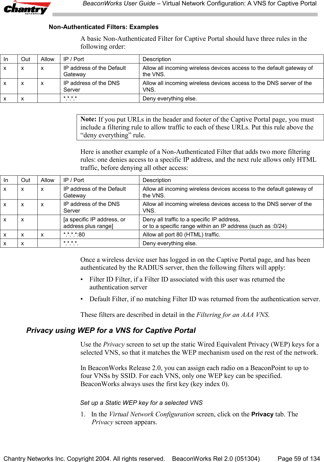 BeaconWorks User Guide &ndash; Virtual Network Configuration: A VNS for Captive PortalChantry Networks Inc. Copyright 2004. All rights reserved.    BeaconWorks Rel 2.0 (051304) Page 59 of 134Non-Authenticated Filters: ExamplesA basic Non-Authenticated Filter for Captive Portal should have three rules in thefollowing order:In Out Allow IP / Port Descriptionx x x IP address of the DefaultGatewayAllow all incoming wireless devices access to the default gateway ofthe VNS.xx x IP address of the DNSServerAllow all incoming wireless devices access to the DNS server of theVNS.x x *.*.*.* Deny everything else.Note: If you put URLs in the header and footer of the Captive Portal page, you mustinclude a filtering rule to allow traffic to each of these URLs. Put this rule above the&ldquo;deny everything&rdquo; rule.Here is another example of a Non-Authenticated Filter that adds two more filteringrules: one denies access to a specific IP address, and the next rule allows only HTMLtraffic, before denying all other access:In Out Allow IP / Port Descriptionx x x IP address of the DefaultGatewayAllow all incoming wireless devices access to the default gateway ofthe VNS.xx x IP address of the DNSServerAllow all incoming wireless devices access to the DNS server of theVNS.x x [a specific IP address, oraddress plus range]Deny all traffic to a specific IP address,or to a specific range within an IP address (such as :0/24)x x x *.*.*.*:80 Allow all port 80 (HTML) traffic.x x *.*.*.*. Deny everything else.Once a wireless device user has logged in on the Captive Portal page, and has beenauthenticated by the RADIUS server, then the following filters will apply:&bull; Filter ID Filter, if a Filter ID associated with this user was returned theauthentication server&bull; Default Filter, if no matching Filter ID was returned from the authentication server.These filters are described in detail in the Filtering for an AAA VNS.Privacy using WEP for a VNS for Captive PortalUse the Privacy screen to set up the static Wired Equivalent Privacy (WEP) keys for aselected VNS, so that it matches the WEP mechanism used on the rest of the network.In BeaconWorks Release 2.0, you can assign each radio on a BeaconPoint to up tofour VNSs by SSID. For each VNS, only one WEP key can be specified.BeaconWorks always uses the first key (key index 0).Set up a Static WEP key for a selected VNS1. In the Virtual Network Configuration screen, click on the Privacy tab. ThePrivacy screen appears.