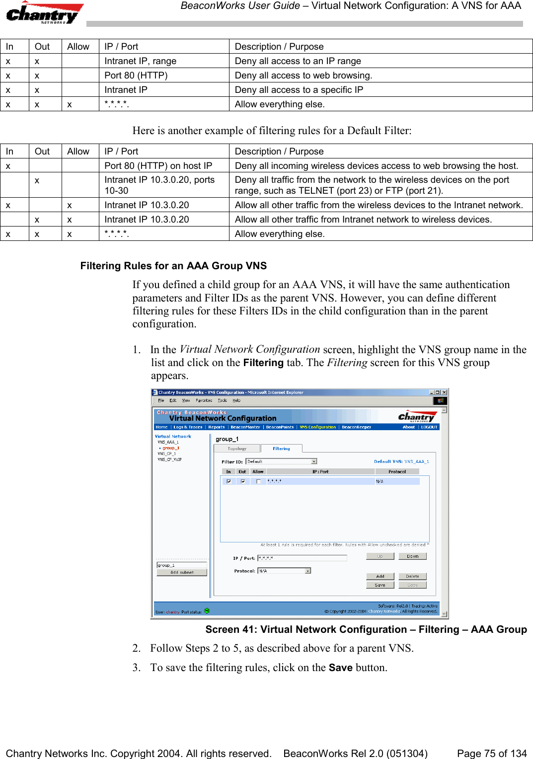 BeaconWorks User Guide &ndash; Virtual Network Configuration: A VNS for AAAChantry Networks Inc. Copyright 2004. All rights reserved.    BeaconWorks Rel 2.0 (051304) Page 75 of 134In Out Allow IP / Port Description / Purposex x Intranet IP, range Deny all access to an IP rangex x Port 80 (HTTP) Deny all access to web browsing.x x Intranet IP Deny all access to a specific IPx x x *.*.*.*. Allow everything else.Here is another example of filtering rules for a Default Filter:In Out Allow IP / Port Description / Purposex Port 80 (HTTP) on host IP Deny all incoming wireless devices access to web browsing the host.xIntranet IP 10.3.0.20, ports10-30Deny all traffic from the network to the wireless devices on the portrange, such as TELNET (port 23) or FTP (port 21).x x Intranet IP 10.3.0.20 Allow all other traffic from the wireless devices to the Intranet network.x x Intranet IP 10.3.0.20 Allow all other traffic from Intranet network to wireless devices.x x x *.*.*.*. Allow everything else.Filtering Rules for an AAA Group VNSIf you defined a child group for an AAA VNS, it will have the same authenticationparameters and Filter IDs as the parent VNS. However, you can define differentfiltering rules for these Filters IDs in the child configuration than in the parentconfiguration.1. In the Virtual Network Configuration screen, highlight the VNS group name in thelist and click on the Filtering tab. The Filtering screen for this VNS groupappears.Screen 41: Virtual Network Configuration &ndash; Filtering &ndash; AAA Group2. Follow Steps 2 to 5, as described above for a parent VNS.3. To save the filtering rules, click on the Save button.