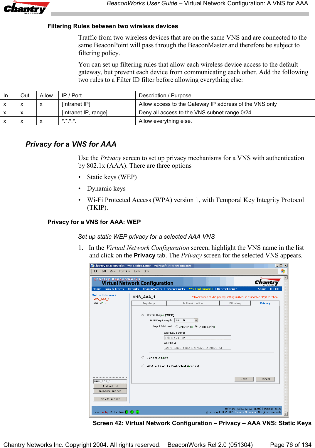 BeaconWorks User Guide &ndash; Virtual Network Configuration: A VNS for AAAChantry Networks Inc. Copyright 2004. All rights reserved.    BeaconWorks Rel 2.0 (051304) Page 76 of 134Filtering Rules between two wireless devicesTraffic from two wireless devices that are on the same VNS and are connected to thesame BeaconPoint will pass through the BeaconMaster and therefore be subject tofiltering policy.You can set up filtering rules that allow each wireless device access to the defaultgateway, but prevent each device from communicating each other. Add the followingtwo rules to a Filter ID filter before allowing everything else:In Out Allow IP / Port Description / Purposex x x [Intranet IP] Allow access to the Gateway IP address of the VNS onlyx x [Intranet IP, range] Deny all access to the VNS subnet range 0/24x x x *.*.*.*. Allow everything else.Privacy for a VNS for AAAUse the Privacy screen to set up privacy mechanisms for a VNS with authenticationby 802.1x (AAA). There are three options&bull; Static keys (WEP)&bull; Dynamic keys&bull; Wi-Fi Protected Access (WPA) version 1, with Temporal Key Integrity Protocol(TKIP).Privacy for a VNS for AAA: WEPSet up static WEP privacy for a selected AAA VNS1. In the Virtual Network Configuration screen, highlight the VNS name in the listand click on the Privacy tab. The Privacy screen for the selected VNS appears.Screen 42: Virtual Network Configuration &ndash; Privacy &ndash; AAA VNS: Static Keys