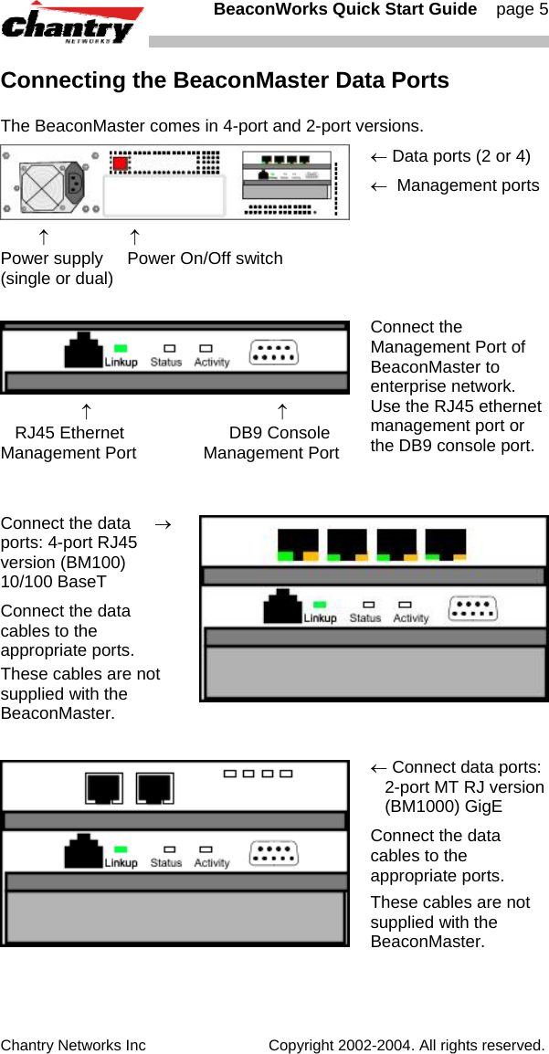   BeaconWorks Quick Start Guide    page 5 Chantry Networks Inc                             Copyright 2002-2004. All rights reserved.   Connecting the BeaconMaster Data Ports The BeaconMaster comes in 4-port and 2-port versions.          &uarr;                 &uarr; Power supply     Power On/Off switch (single or dual) &larr; Data ports (2 or 4) &larr;  Management ports                    &uarr;                                       &uarr;    RJ45 Ethernet                      DB9 Console Management Port              Management Port Connect the  Management Port of BeaconMaster to enterprise network. Use the RJ45 ethernet management port or the DB9 console port.   Connect the data     &rarr;  ports: 4-port RJ45 version (BM100)  10/100 BaseT  Connect the data cables to the appropriate ports. These cables are not supplied with the BeaconMaster.     &larr; Connect data ports:   2-port MT RJ version   (BM1000) GigE Connect the data cables to the appropriate ports. These cables are not supplied with the BeaconMaster.  