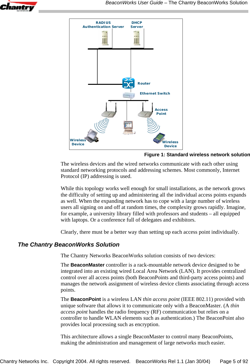  BeaconWorks User Guide &ndash; The Chantry BeaconWorks Solution Chantry Networks Inc.   Copyright 2004. All rights reserved.   BeaconWorks Rel 1.1 (Jan 30/04)       Page 5 of 92 RADIUSAuthentication Server DHCPServerRouterWirelessDeviceEthernet SwitchWirelessDeviceAccessPoint Figure 1: Standard wireless network solution The wireless devices and the wired networks communicate with each other using standard networking protocols and addressing schemes. Most commonly, Internet Protocol (IP) addressing is used.  While this topology works well enough for small installations, as the network grows the difficulty of setting up and administering all the individual access points expands as well. When the expanding network has to cope with a large number of wireless users all signing on and off at random times, the complexity grows rapidly. Imagine, for example, a university library filled with professors and students &ndash; all equipped with laptops. Or a conference full of delegates and exhibitors. Clearly, there must be a better way than setting up each access point individually.  The Chantry BeaconWorks Solution The Chantry Networks BeaconWorks solution consists of two devices:  The BeaconMaster controller is a rack-mountable network device designed to be integrated into an existing wired Local Area Network (LAN). It provides centralized control over all access points (both BeaconPoints and third-party access points) and manages the network assignment of wireless device clients associating through access points.  The BeaconPoint is a wireless LAN thin access point (IEEE 802.11) provided with unique software that allows it to communicate only with a BeaconMaster. (A thin access point handles the radio frequency (RF) communication but relies on a controller to handle WLAN elements such as authentication.) The BeaconPoint also provides local processing such as encryption. This architecture allows a single BeaconMaster to control many BeaconPoints, making the administration and management of large networks much easier.  