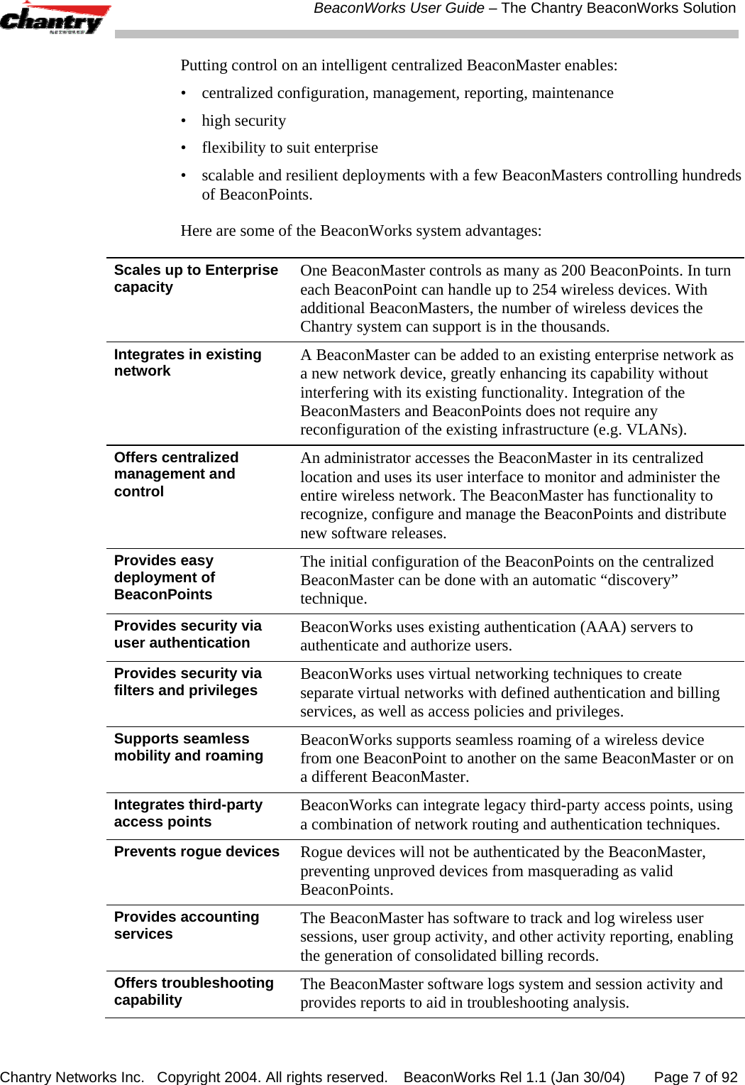  BeaconWorks User Guide &ndash; The Chantry BeaconWorks Solution Chantry Networks Inc.   Copyright 2004. All rights reserved.   BeaconWorks Rel 1.1 (Jan 30/04)       Page 7 of 92 Putting control on an intelligent centralized BeaconMaster enables: &bull;  centralized configuration, management, reporting, maintenance &bull; high security &bull;  flexibility to suit enterprise &bull;  scalable and resilient deployments with a few BeaconMasters controlling hundreds of BeaconPoints. Here are some of the BeaconWorks system advantages: Scales up to Enterprise capacity One BeaconMaster controls as many as 200 BeaconPoints. In turn each BeaconPoint can handle up to 254 wireless devices. With additional BeaconMasters, the number of wireless devices the Chantry system can support is in the thousands. Integrates in existing network A BeaconMaster can be added to an existing enterprise network as a new network device, greatly enhancing its capability without interfering with its existing functionality. Integration of the BeaconMasters and BeaconPoints does not require any reconfiguration of the existing infrastructure (e.g. VLANs). Offers centralized management and control An administrator accesses the BeaconMaster in its centralized location and uses its user interface to monitor and administer the entire wireless network. The BeaconMaster has functionality to recognize, configure and manage the BeaconPoints and distribute new software releases. Provides easy deployment of BeaconPoints The initial configuration of the BeaconPoints on the centralized BeaconMaster can be done with an automatic &ldquo;discovery&rdquo; technique. Provides security via user authentication BeaconWorks uses existing authentication (AAA) servers to authenticate and authorize users. Provides security via filters and privileges BeaconWorks uses virtual networking techniques to create separate virtual networks with defined authentication and billing services, as well as access policies and privileges. Supports seamless mobility and roaming BeaconWorks supports seamless roaming of a wireless device from one BeaconPoint to another on the same BeaconMaster or on a different BeaconMaster. Integrates third-party access points BeaconWorks can integrate legacy third-party access points, using a combination of network routing and authentication techniques. Prevents rogue devices Rogue devices will not be authenticated by the BeaconMaster, preventing unproved devices from masquerading as valid BeaconPoints. Provides accounting services The BeaconMaster has software to track and log wireless user sessions, user group activity, and other activity reporting, enabling the generation of consolidated billing records. Offers troubleshooting capability The BeaconMaster software logs system and session activity and provides reports to aid in troubleshooting analysis.  