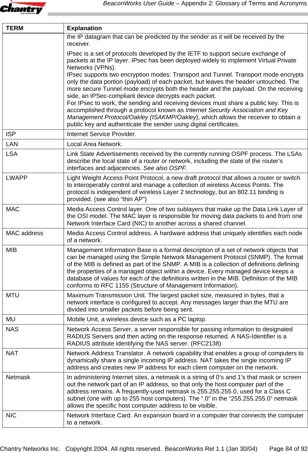  BeaconWorks User Guide &ndash; Appendix 2: Glossary of Terms and Acronyms Chantry Networks Inc.   Copyright 2004. All rights reserved.  BeaconWorks Rel 1.1 (Jan 30/04)       Page 84 of 92 TERM Explanation the IP datagram that can be predicted by the sender as it will be received by the receiver. IPsec is a set of protocols developed by the IETF to support secure exchange of packets at the IP layer. IPsec has been deployed widely to implement Virtual Private Networks (VPNs).  IPsec supports two encryption modes: Transport and Tunnel. Transport mode encrypts only the data portion (payload) of each packet, but leaves the header untouched. The more secure Tunnel mode encrypts both the header and the payload. On the receiving side, an IPSec-compliant device decrypts each packet.  For IPsec to work, the sending and receiving devices must share a public key. This is accomplished through a protocol known as Internet Security Association and Key Management Protocol/Oakley (ISAKMP/Oakley), which allows the receiver to obtain a public key and authenticate the sender using digital certificates.  ISP  Internet Service Provider. LAN Local Area Network. LSA  Link State Advertisements received by the currently running OSPF process. The LSAs describe the local state of a router or network, including the state of the router&rsquo;s interfaces and adjacencies. See also OSPF. LWAPP  Light Weight Access Point Protocol, a new draft protocol that allows a router or switch to interoperably control and manage a collection of wireless Access Points. The protocol is independent of wireless Layer 2 technology, but an 802.11 binding is provided. (see also &ldquo;thin AP&rdquo;) MAC  Media Access Control layer. One of two sublayers that make up the Data Link Layer of the OSI model. The MAC layer is responsible for moving data packets to and from one Network Interface Card (NIC) to another across a shared channel. MAC address  Media Access Control address. A hardware address that uniquely identifies each node of a network. MIB  Management Information Base is a formal description of a set of network objects that can be managed using the Simple Network Management Protocol (SNMP). The format of the MIB is defined as part of the SNMP. A MIB is a collection of definitions defining the properties of a managed object within a device. Every managed device keeps a database of values for each of the definitions written in the MIB. Definition of the MIB conforms to RFC 1155 (Structure of Management Information).  MTU  Maximum Transmission Unit. The largest packet size, measured in bytes, that a network interface is configured to accept. Any messages larger than the MTU are divided into smaller packets before being sent.  MU  Mobile Unit, a wireless device such as a PC laptop. NAS  Network Access Server, a server responsible for passing information to designated RADIUS Servers and then acting on the response returned. A NAS-Identifier is a RADIUS attribute identifying the NAS server. (RFC2138) NAT   Network Address Translator. A network capability that enables a group of computers to dynamically share a single incoming IP address. NAT takes the single incoming IP address and creates new IP address for each client computer on the network.  Netmask  In administering Internet sites, a netmask is a string of 0&rsquo;s and 1&rsquo;s that mask or screen out the network part of an IP address, so that only the host computer part of the address remains. A frequently-used netmask is 255.255.255.0, used for a Class C subnet (one with up to 255 host computers). The &ldquo;.0&rdquo; in the &ldquo;255.255.255.0&rdquo; netmask allows the specific host computer address to be visible.  NIC  Network Interface Card. An expansion board in a computer that connects the computer to a network.  