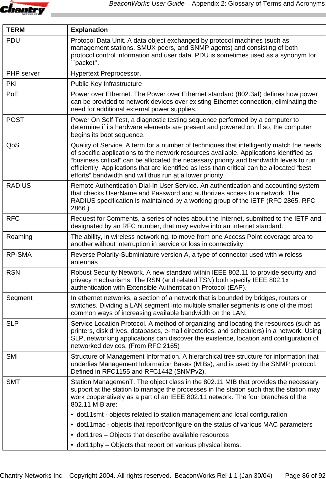  BeaconWorks User Guide &ndash; Appendix 2: Glossary of Terms and Acronyms Chantry Networks Inc.   Copyright 2004. All rights reserved.  BeaconWorks Rel 1.1 (Jan 30/04)       Page 86 of 92 TERM Explanation PDU  Protocol Data Unit. A data object exchanged by protocol machines (such as management stations, SMUX peers, and SNMP agents) and consisting of both protocol control information and user data. PDU is sometimes used as a synonym for ``packet&rsquo;&rsquo;.  PHP server  Hypertext Preprocessor. PKI Public Key Infrastructure PoE   Power over Ethernet. The Power over Ethernet standard (802.3af) defines how power can be provided to network devices over existing Ethernet connection, eliminating the need for additional external power supplies. POST  Power On Self Test, a diagnostic testing sequence performed by a computer to determine if its hardware elements are present and powered on. If so, the computer begins its boot sequence. QoS  Quality of Service. A term for a number of techniques that intelligently match the needs of specific applications to the network resources available. Applications identified as &ldquo;business critical&rdquo; can be allocated the necessary priority and bandwidth levels to run efficiently. Applications that are identified as less than critical can be allocated &ldquo;best efforts&rdquo; bandwidth and will thus run at a lower priority. RADIUS  Remote Authentication Dial-In User Service. An authentication and accounting system that checks UserName and Password and authorizes access to a network. The RADIUS specification is maintained by a working group of the IETF (RFC 2865, RFC 2866.) RFC  Request for Comments, a series of notes about the Internet, submitted to the IETF and designated by an RFC number, that may evolve into an Internet standard.  Roaming  The ability, in wireless networking, to move from one Access Point coverage area to another without interruption in service or loss in connectivity. RP-SMA  Reverse Polarity-Subminiature version A, a type of connector used with wireless antennas RSN  Robust Security Network. A new standard within IEEE 802.11 to provide security and privacy mechanisms. The RSN (and related TSN) both specify IEEE 802.1x authentication with Extensible Authentication Protocol (EAP). Segment  In ethernet networks, a section of a network that is bounded by bridges, routers or switches. Dividing a LAN segment into multiple smaller segments is one of the most common ways of increasing available bandwidth on the LAN.  SLP  Service Location Protocol. A method of organizing and locating the resources (such as printers, disk drives, databases, e-mail directories, and schedulers) in a network. Using SLP, networking applications can discover the existence, location and configuration of networked devices. (From RFC 2165) SMI  Structure of Management Information. A hierarchical tree structure for information that underlies Management Information Bases (MIBs), and is used by the SNMP protocol. Defined in RFC1155 and RFC1442 (SNMPv2). SMT   Station ManagemenT. The object class in the 802.11 MIB that provides the necessary support at the station to manage the processes in the station such that the station may work cooperatively as a part of an IEEE 802.11 network. The four branches of the 802.11 MIB are: &bull;  dot11smt - objects related to station management and local configuration &bull;  dot11mac - objects that report/configure on the status of various MAC parameters &bull;  dot11res &ndash; Objects that describe available resources &bull;  dot11phy &ndash; Objects that report on various physical items. 