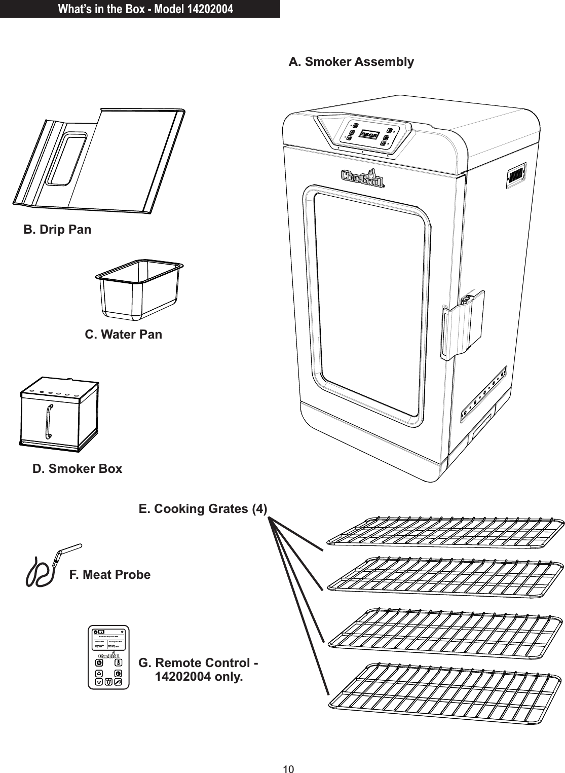 10B. Drip PanA. Smoker AssemblyC. Water PanD. Smoker BoxE. Cooking Grates (4)F. Meat ProbeSet Chamber Temperature: 000°FSet Time: 00:00Set Meat ProbeTemp: 000°F Actual Temp: 000°FMeat ProbeRemaining Time: 00:00G. Remote Control - 14202004 only.What’s in the Box - Model 14202004