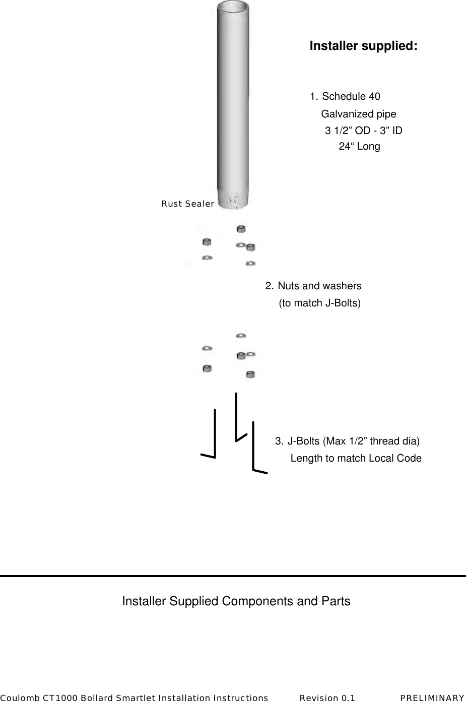 Installer supplied:1. Schedule 40  Galvanized pipe  3 1/2&rdquo; OD - 3&rdquo; ID  24&ldquo; Long2. Nuts and washers  (to match J-Bolts)3. J-Bolts (Max 1/2&rdquo; thread dia)  Length to match Local CodeInstaller Supplied Components and PartsRust SealerCoulomb CT1000 Bollard Smartlet Installation Instructions           Revision 0.1                PRELIMINARY