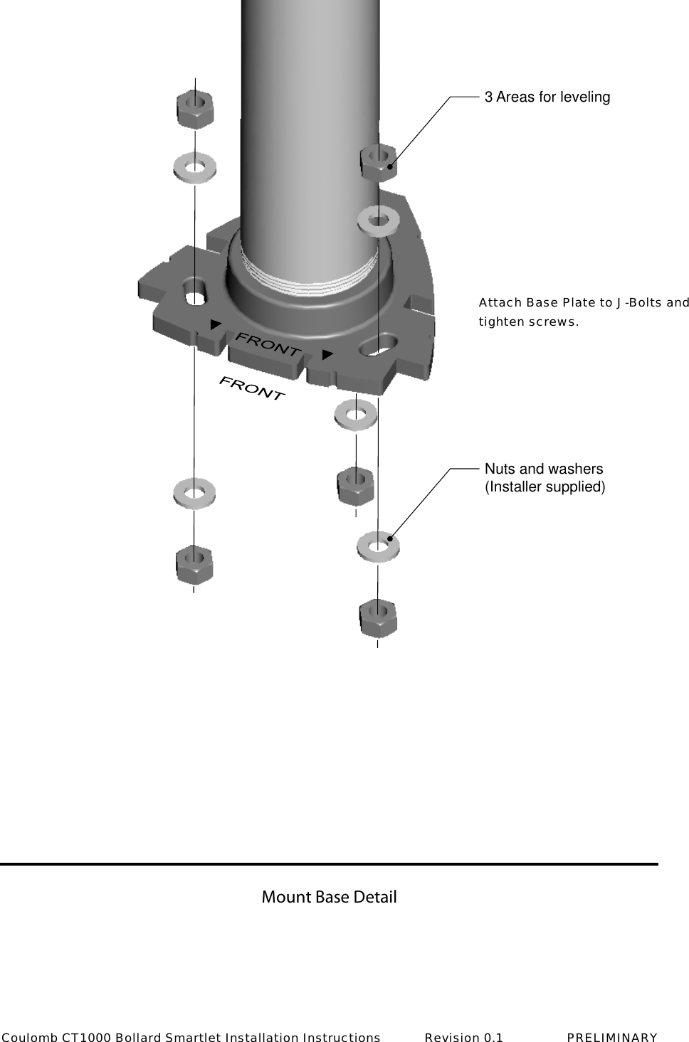 Mount Base Detail3 Areas for levelingNuts and washers(Installer supplied)Attach Base Plate to J-Bolts and tighten screws.Coulomb CT1000 Bollard Smartlet Installation Instructions           Revision 0.1                PRELIMINARY
