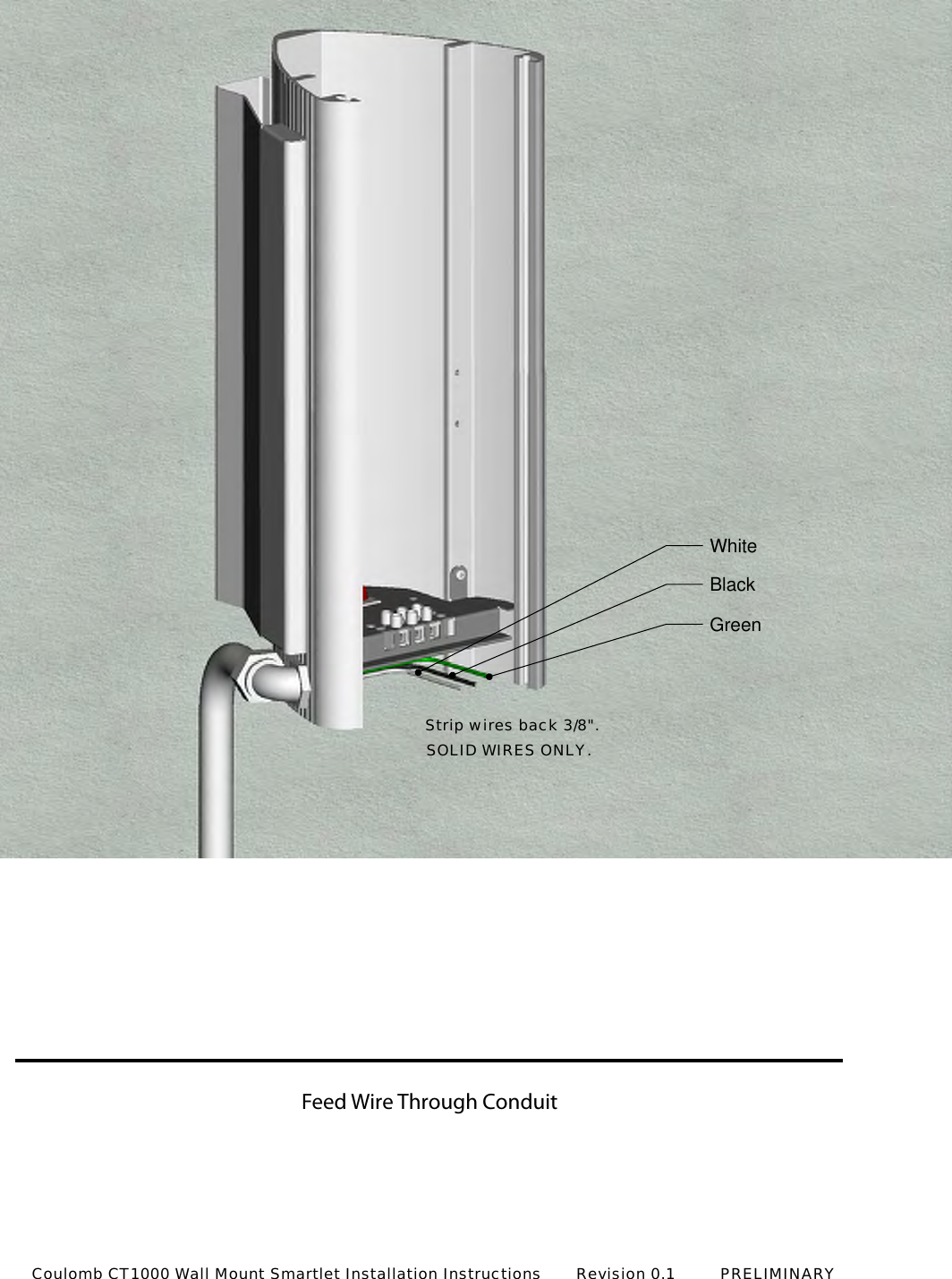Feed Wire Through ConduitWhiteBlackGreenStrip wires back 3/8".SOLID WIRES ONLY.Coulomb CT1000 Wall Mount Smartlet Installation Instructions       Revision 0.1         PRELIMINARY