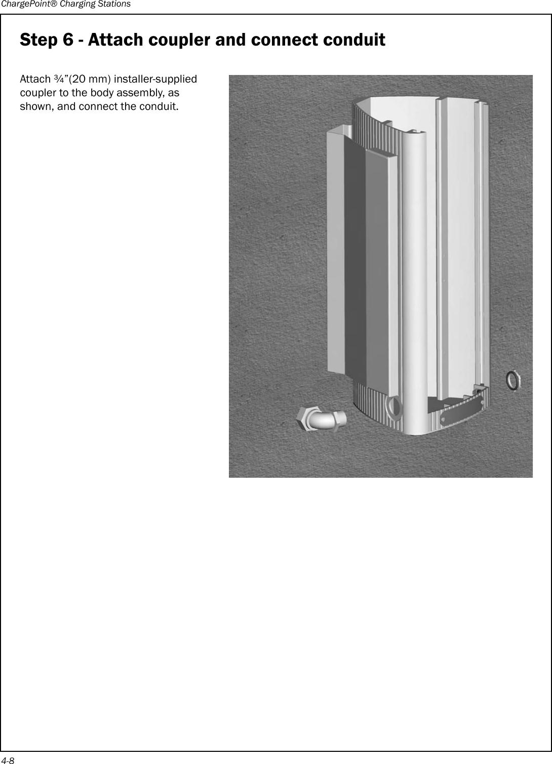 ChargePoint® Charging Stations4-8Step 6 - Attach coupler and connect conduitAttach ¾”(20 mm) installer-supplied coupler to the body assembly, as shown, and connect the conduit.