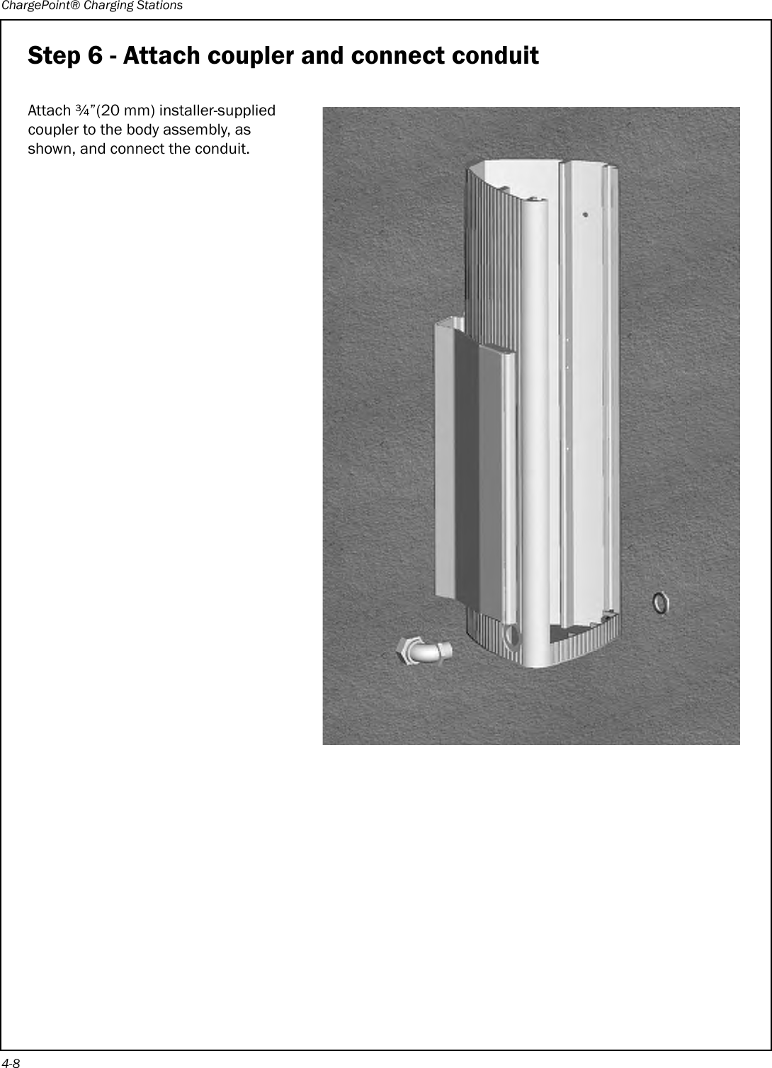 ChargePoint® Charging Stations4-8Step 6 - Attach coupler and connect conduitAttach ¾”(20 mm) installer-supplied coupler to the body assembly, as shown, and connect the conduit.