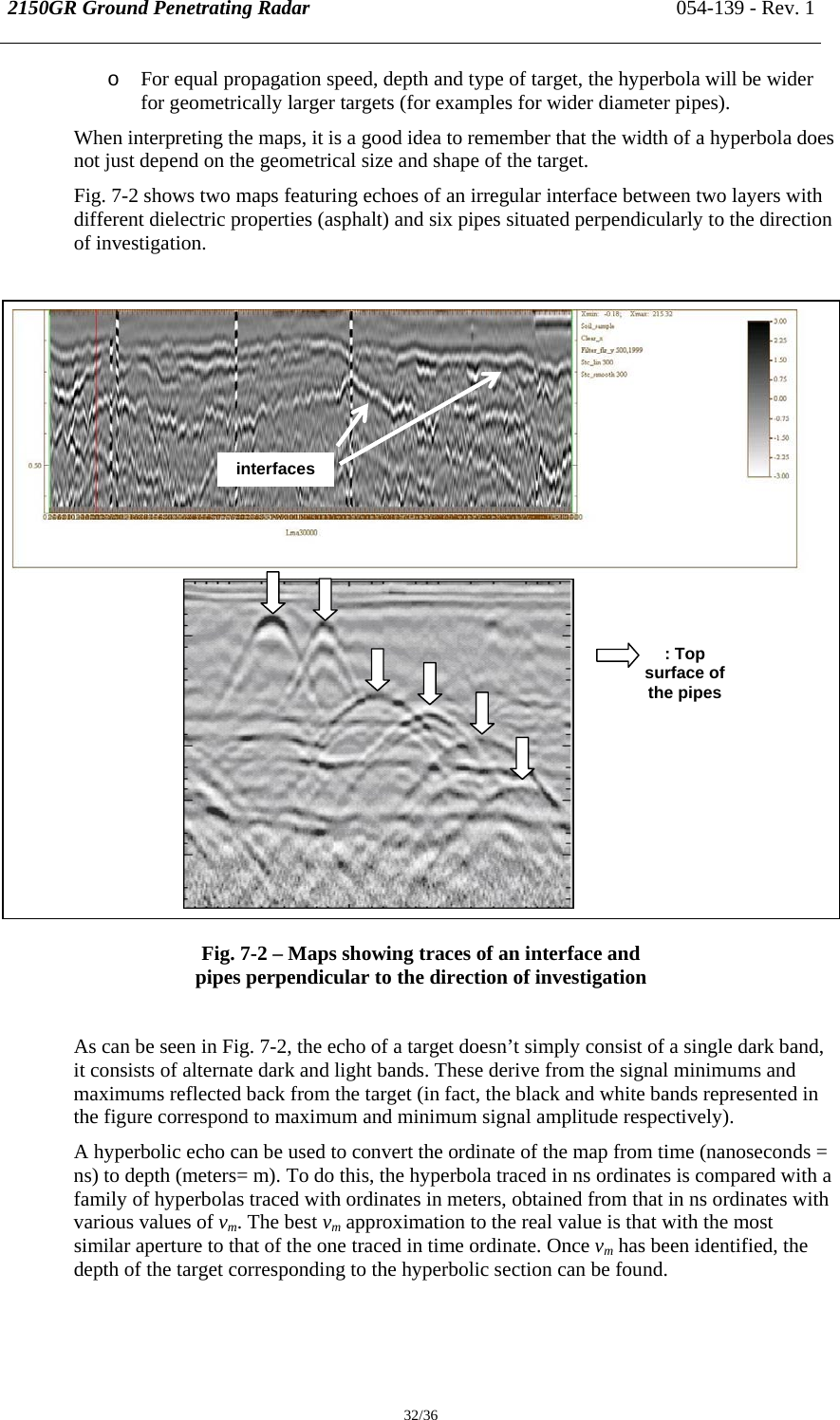 2150GR Ground Penetrating Radar 054-139 - Rev. 1  32/36 o For equal propagation speed, depth and type of target, the hyperbola will be wider for geometrically larger targets (for examples for wider diameter pipes). When interpreting the maps, it is a good idea to remember that the width of a hyperbola does not just depend on the geometrical size and shape of the target.  Fig. 7-2 shows two maps featuring echoes of an irregular interface between two layers with different dielectric properties (asphalt) and six pipes situated perpendicularly to the direction of investigation.                    Fig. 7-2 – Maps showing traces of an interface and  pipes perpendicular to the direction of investigation   As can be seen in Fig. 7-2, the echo of a target doesn’t simply consist of a single dark band, it consists of alternate dark and light bands. These derive from the signal minimums and maximums reflected back from the target (in fact, the black and white bands represented in the figure correspond to maximum and minimum signal amplitude respectively).  A hyperbolic echo can be used to convert the ordinate of the map from time (nanoseconds = ns) to depth (meters= m). To do this, the hyperbola traced in ns ordinates is compared with a family of hyperbolas traced with ordinates in meters, obtained from that in ns ordinates with various values of vm. The best vm approximation to the real value is that with the most similar aperture to that of the one traced in time ordinate. Once vm has been identified, the depth of the target corresponding to the hyperbolic section can be found. interfaces : Top surface of the pipes 