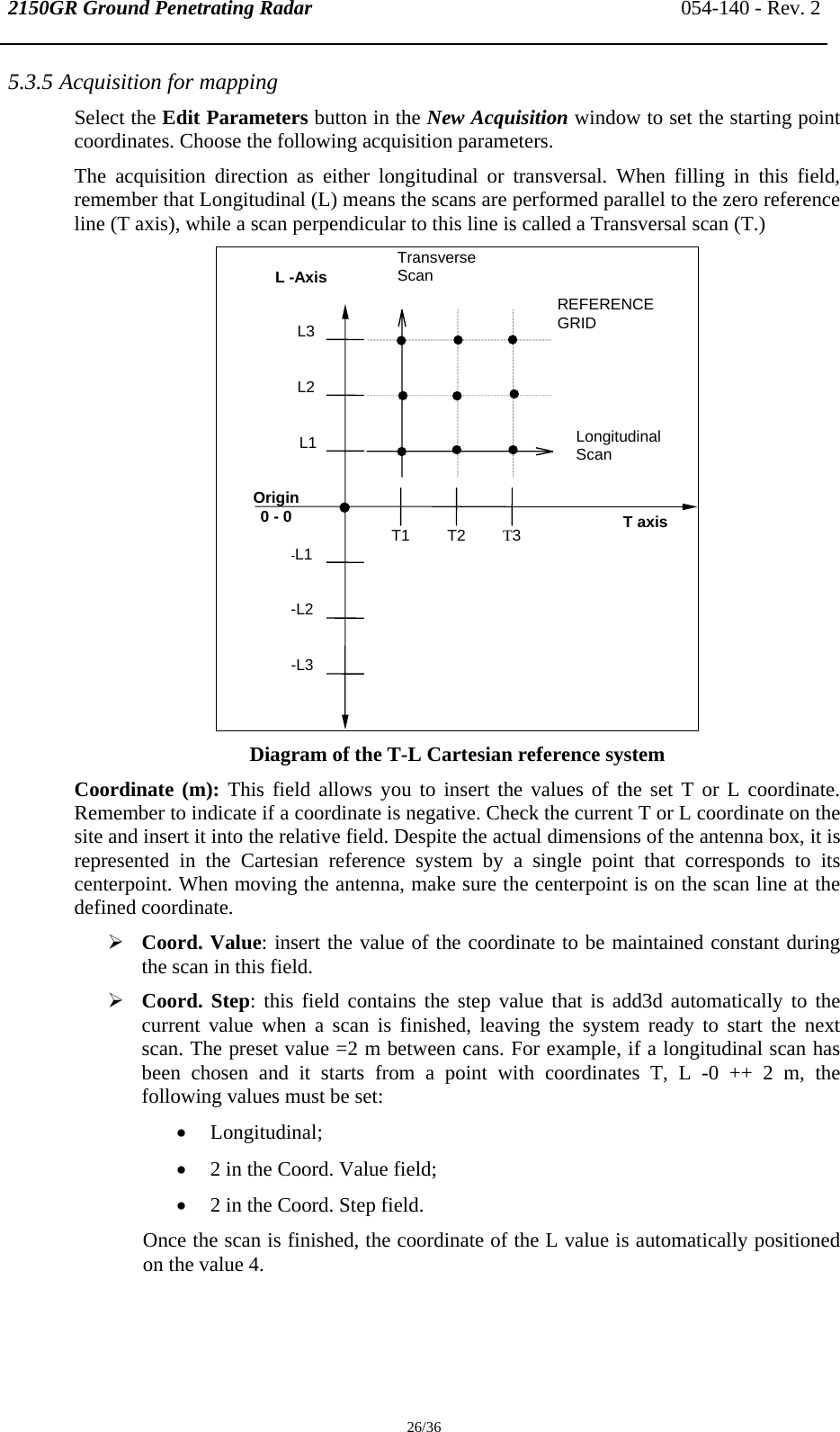 2150GR Ground Penetrating Radar 054-140 - Rev. 2  26/36 5.3.5 Acquisition for mapping Select the Edit Parameters button in the New Acquisition window to set the starting point coordinates. Choose the following acquisition parameters. The acquisition direction as either longitudinal or transversal. When filling in this field, remember that Longitudinal (L) means the scans are performed parallel to the zero reference line (T axis), while a scan perpendicular to this line is called a Transversal scan (T.)  Longitudinal Scan L1 L2 L3 -L1 -L2 -L3 T1 T2 T3Transverse Scan REFERENCE GRID  Origin 0 - 0  T axis L -Axis  Diagram of the T-L Cartesian reference system Coordinate (m): This field allows you to insert the values of the set T or L coordinate. Remember to indicate if a coordinate is negative. Check the current T or L coordinate on the site and insert it into the relative field. Despite the actual dimensions of the antenna box, it is represented in the Cartesian reference system by a single point that corresponds to its centerpoint. When moving the antenna, make sure the centerpoint is on the scan line at the defined coordinate. ¾ Coord. Value: insert the value of the coordinate to be maintained constant during the scan in this field. ¾ Coord. Step: this field contains the step value that is add3d automatically to the current value when a scan is finished, leaving the system ready to start the next scan. The preset value =2 m between cans. For example, if a longitudinal scan has been chosen and it starts from a point with coordinates T, L -0 ++ 2 m, the following values must be set:  • Longitudinal; • 2 in the Coord. Value field;  • 2 in the Coord. Step field. Once the scan is finished, the coordinate of the L value is automatically positioned on the value 4. 