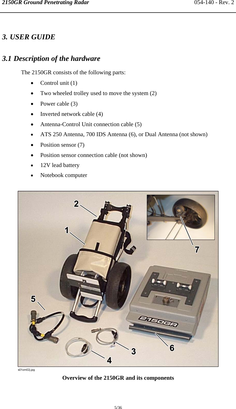 2150GR Ground Penetrating Radar 054-140 - Rev. 2  5/36 3. USER GUIDE 3.1 Description of the hardware The 2150GR consists of the following parts: • Control unit (1) • Two wheeled trolley used to move the system (2) • Power cable (3) • Inverted network cable (4) • Antenna-Control Unit connection cable (5) • ATS 250 Antenna, 700 IDS Antenna (6), or Dual Antenna (not shown) • Position sensor (7) • Position sensor connection cable (not shown) • 12V lead battery • Notebook computer   Overview of the 2150GR and its components 