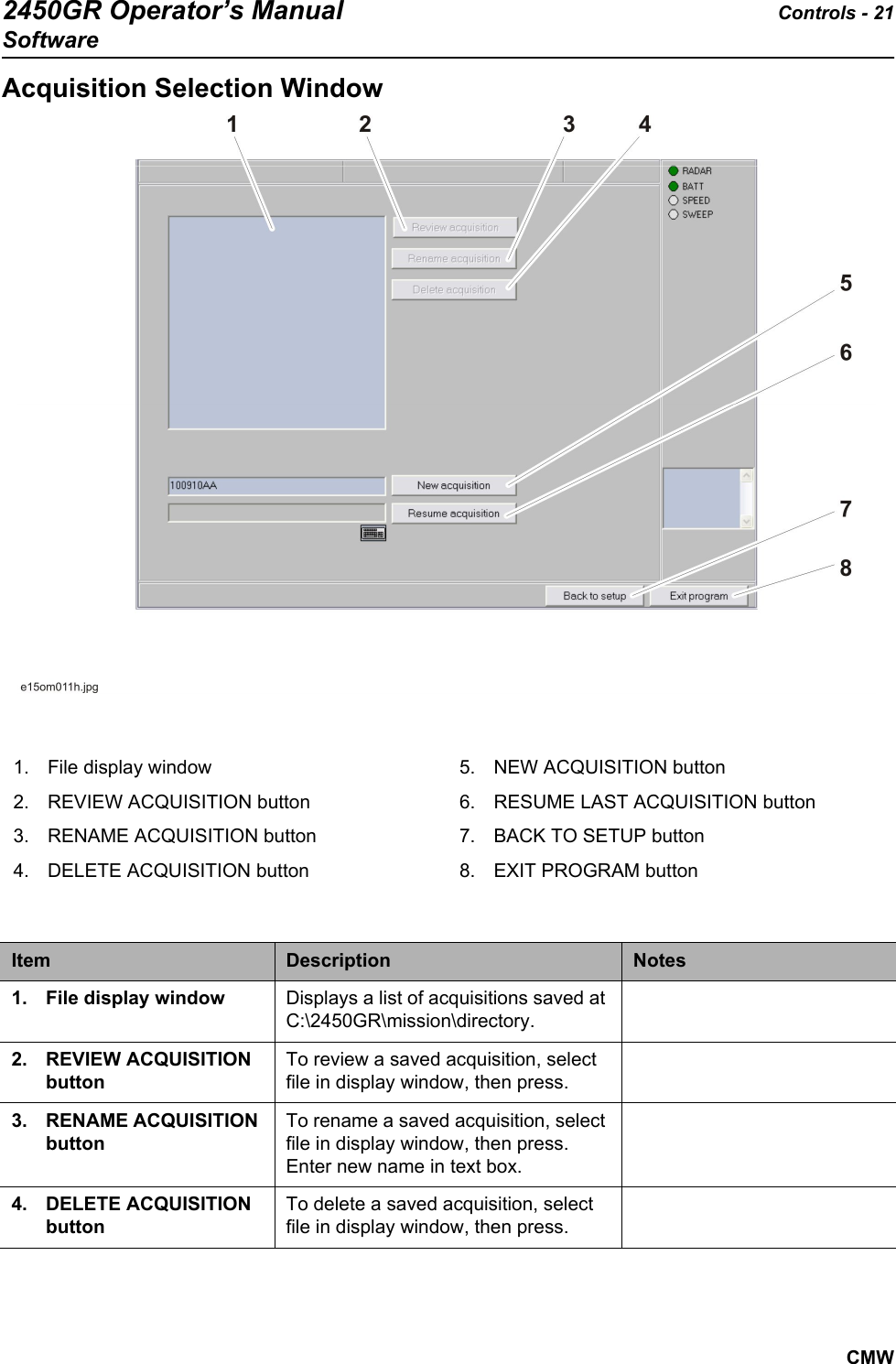 2450GR Operator’s Manual Controls - 21SoftwareCMWAcquisition Selection Window 1. File display window2. REVIEW ACQUISITION button3. RENAME ACQUISITION button4. DELETE ACQUISITION button5. NEW ACQUISITION button6. RESUME LAST ACQUISITION button7. BACK TO SETUP button8. EXIT PROGRAM buttonItem Description Notes1. File display window Displays a list of acquisitions saved at C:\2450GR\mission\directory.2. REVIEW ACQUISITION buttonTo review a saved acquisition, select file in display window, then press. 3. RENAME ACQUISITION buttonTo rename a saved acquisition, select file in display window, then press. Enter new name in text box.4. DELETE ACQUISITION buttonTo delete a saved acquisition, select file in display window, then press.