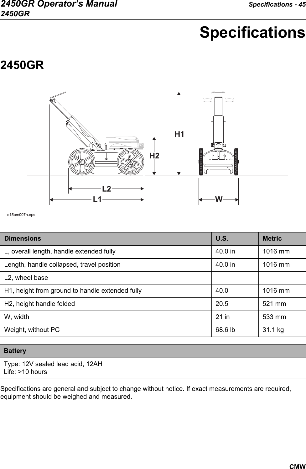 2450GR Operator’s Manual Specifications - 452450GRCMWSpecifications2450GRSpecifications are general and subject to change without notice. If exact measurements are required, equipment should be weighed and measured. Dimensions U.S. MetricL, overall length, handle extended fully 40.0 in 1016 mmLength, handle collapsed, travel position 40.0 in 1016 mmL2, wheel baseH1, height from ground to handle extended fully 40.0 1016 mmH2, height handle folded 20.5 521 mmW, width 21 in 533 mmWeight, without PC 68.6 lb 31.1 kgBatteryType: 12V sealed lead acid, 12AHLife: &gt;10 hours